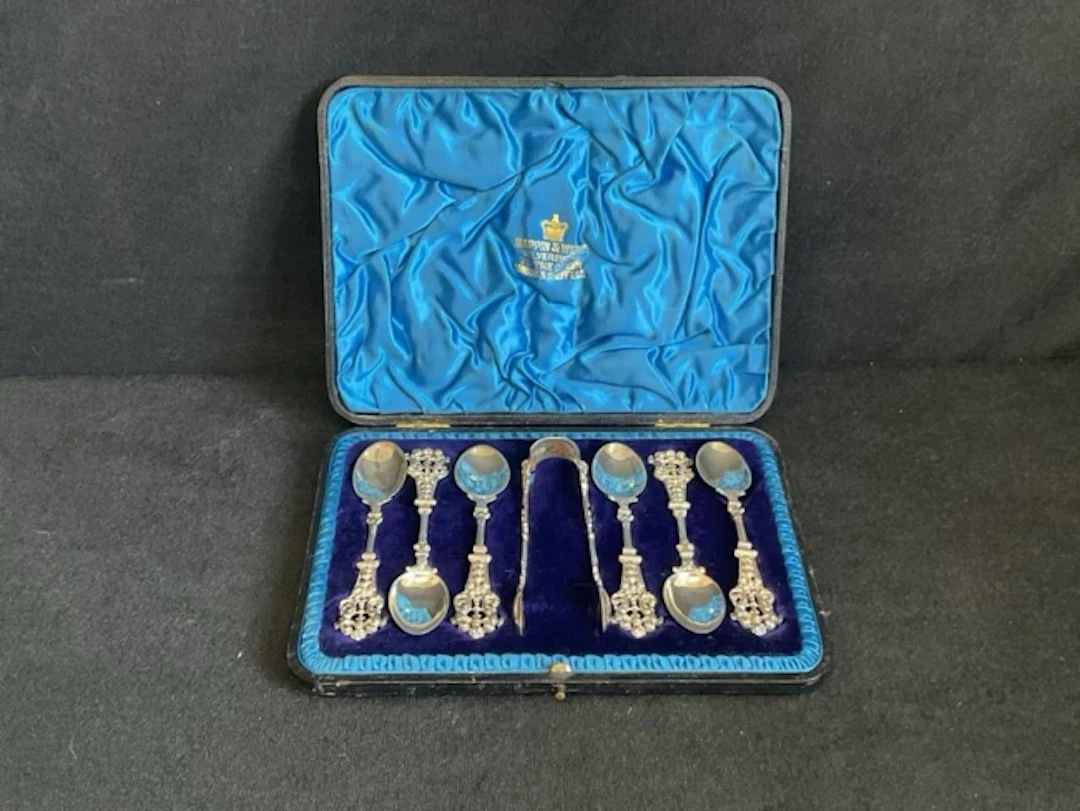 A set of six Victorian hallmarked silver teaspoons and sugar tongs
