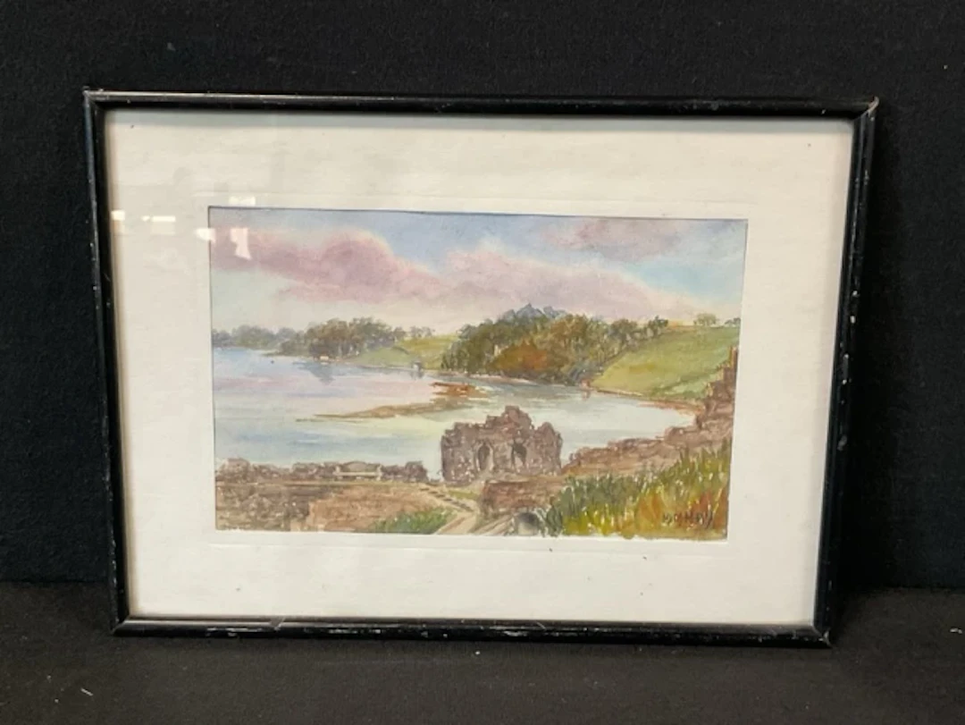 MM May, watercolour, ruins by a lake, signed, mounted & framed. (8in x 5in)