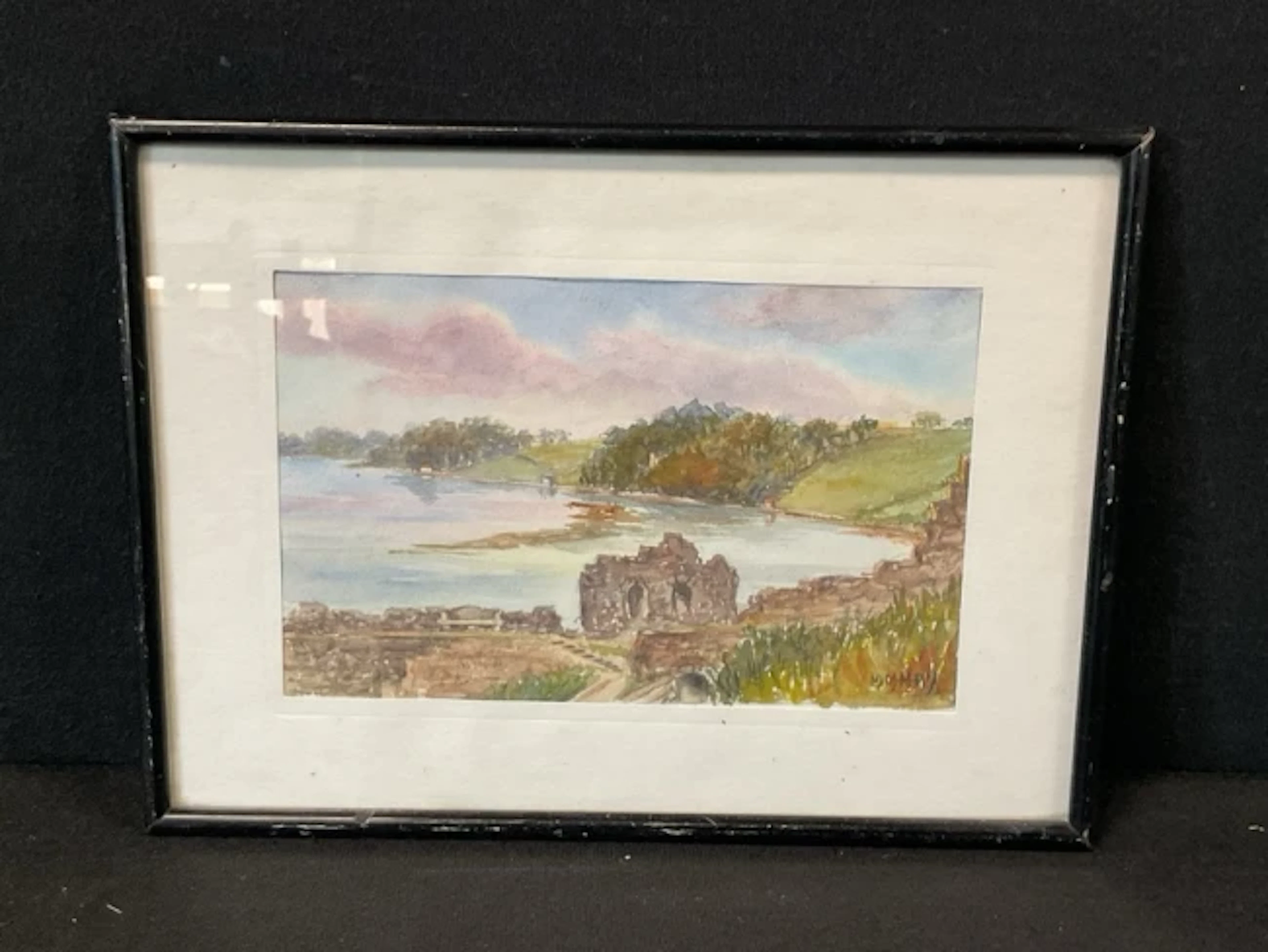 MM May, watercolour, ruins by a lake, signed, mounted & framed. (8in x 5in)