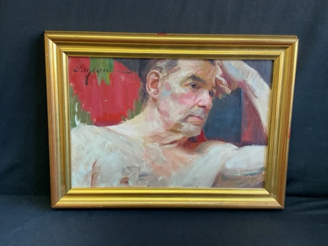 Clayton, oil on canvas, bust portrait of a nude man, titled The Thinking