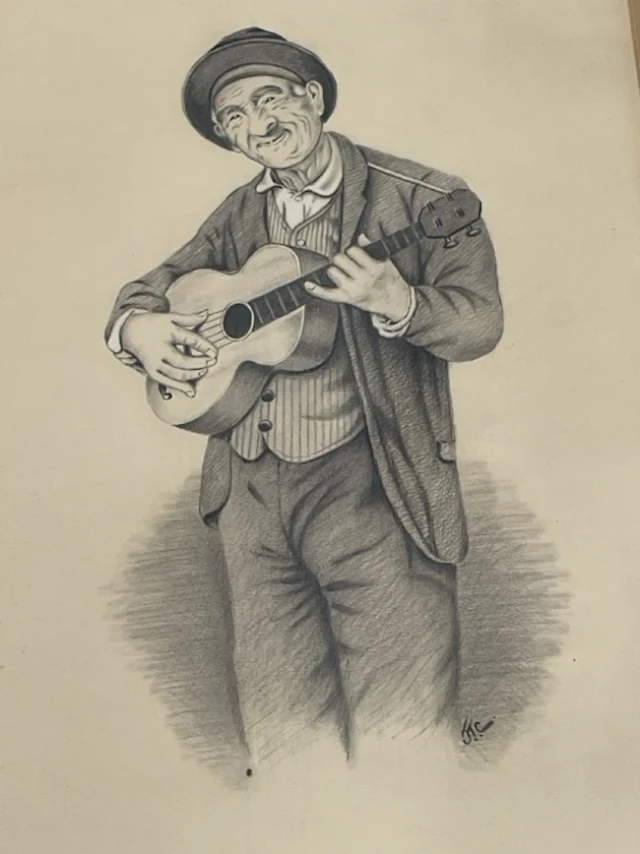 After Gaetano Mormile, charcoal, chalk and pencil, an Italian guitar