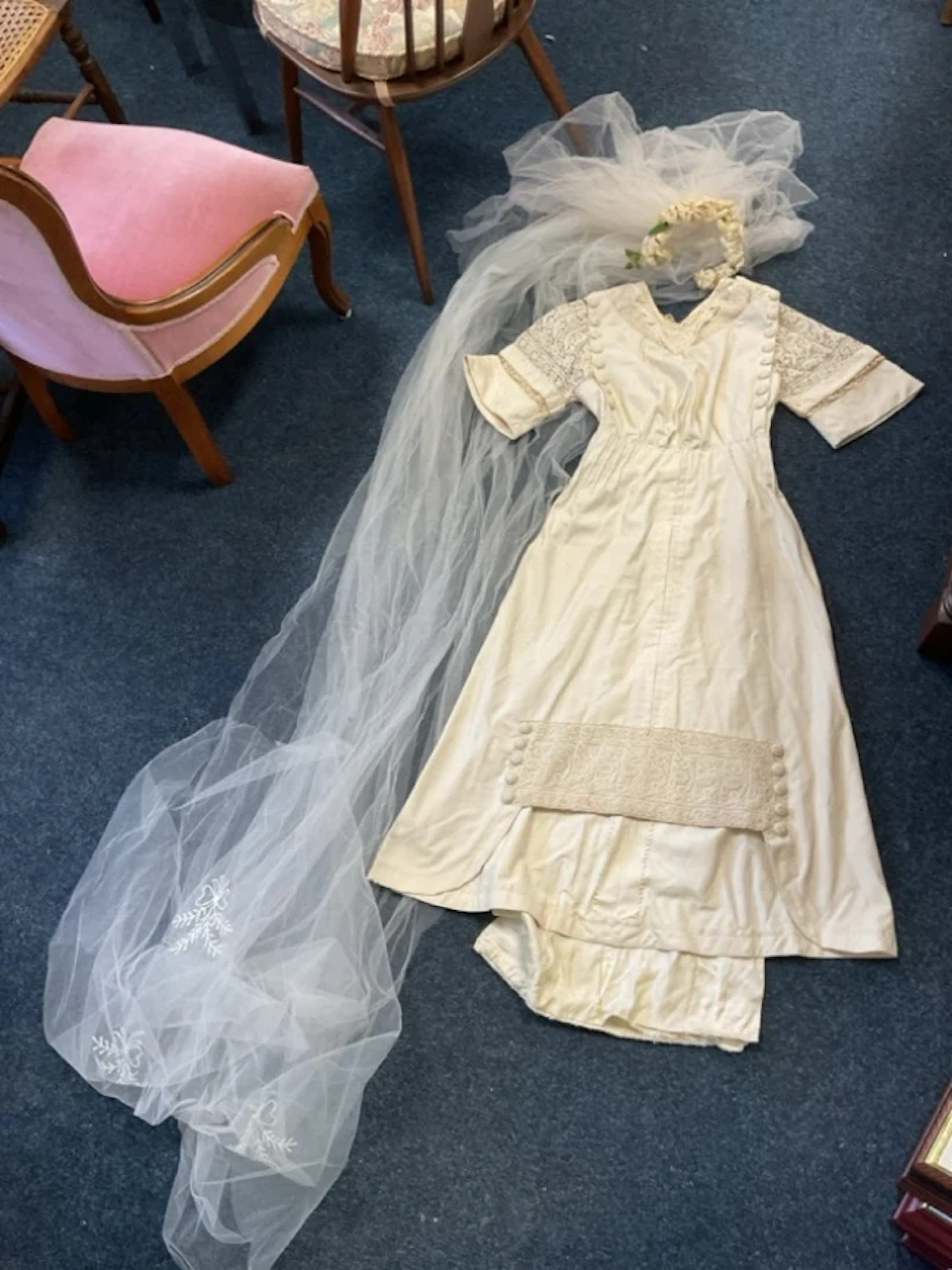 A c.1910s cotton single-piece wedding dress by Henry Darling of Edinburgh