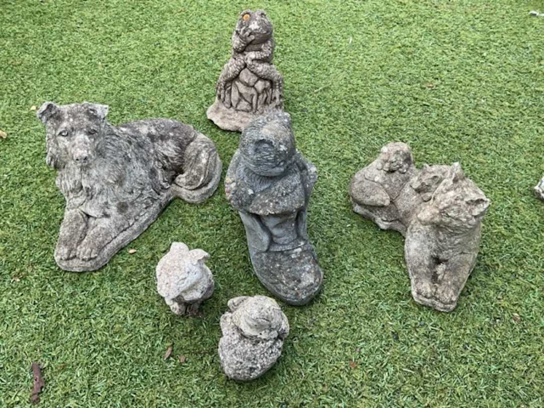 Miscellaneous composition stone garden ornaments - toad, rabnit, foxes