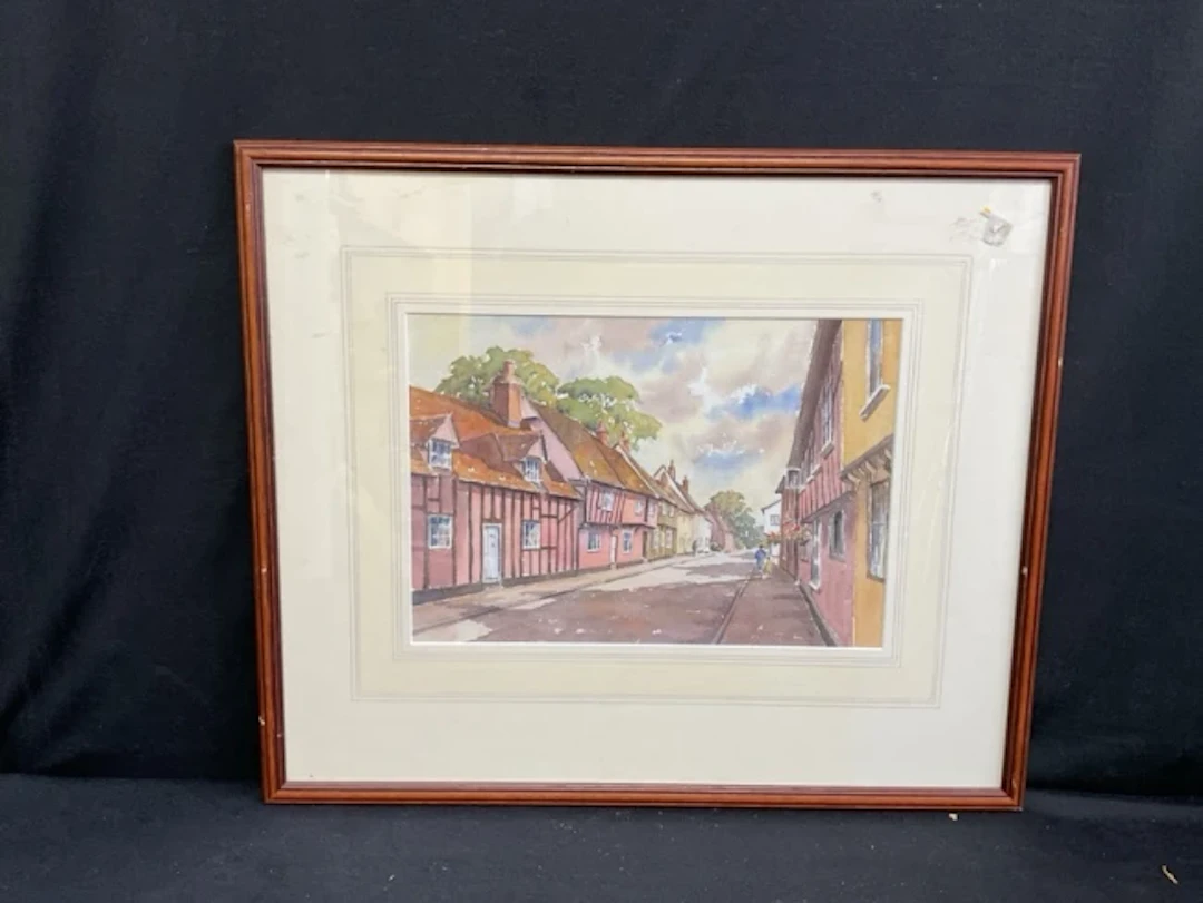 Patricia Wormald, watercolour, street scene with half-timbered houses