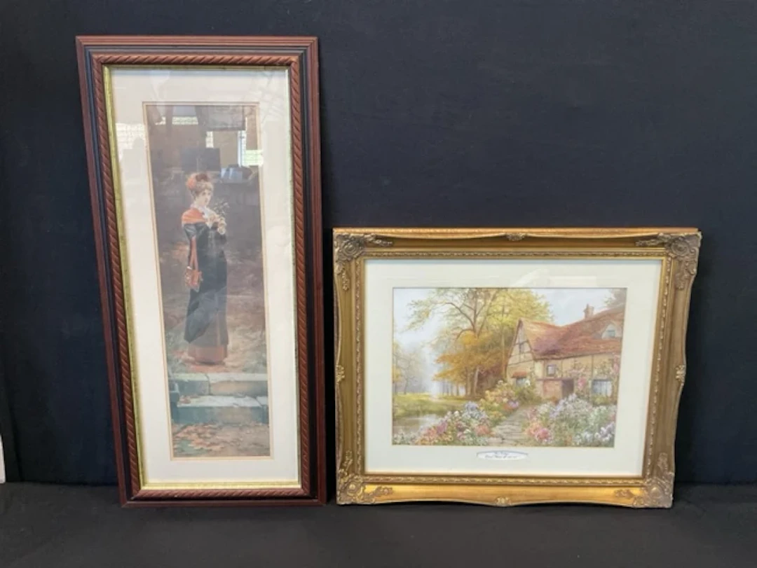 Two coloured prints - Marcus Stone, a regency lady by steps titled