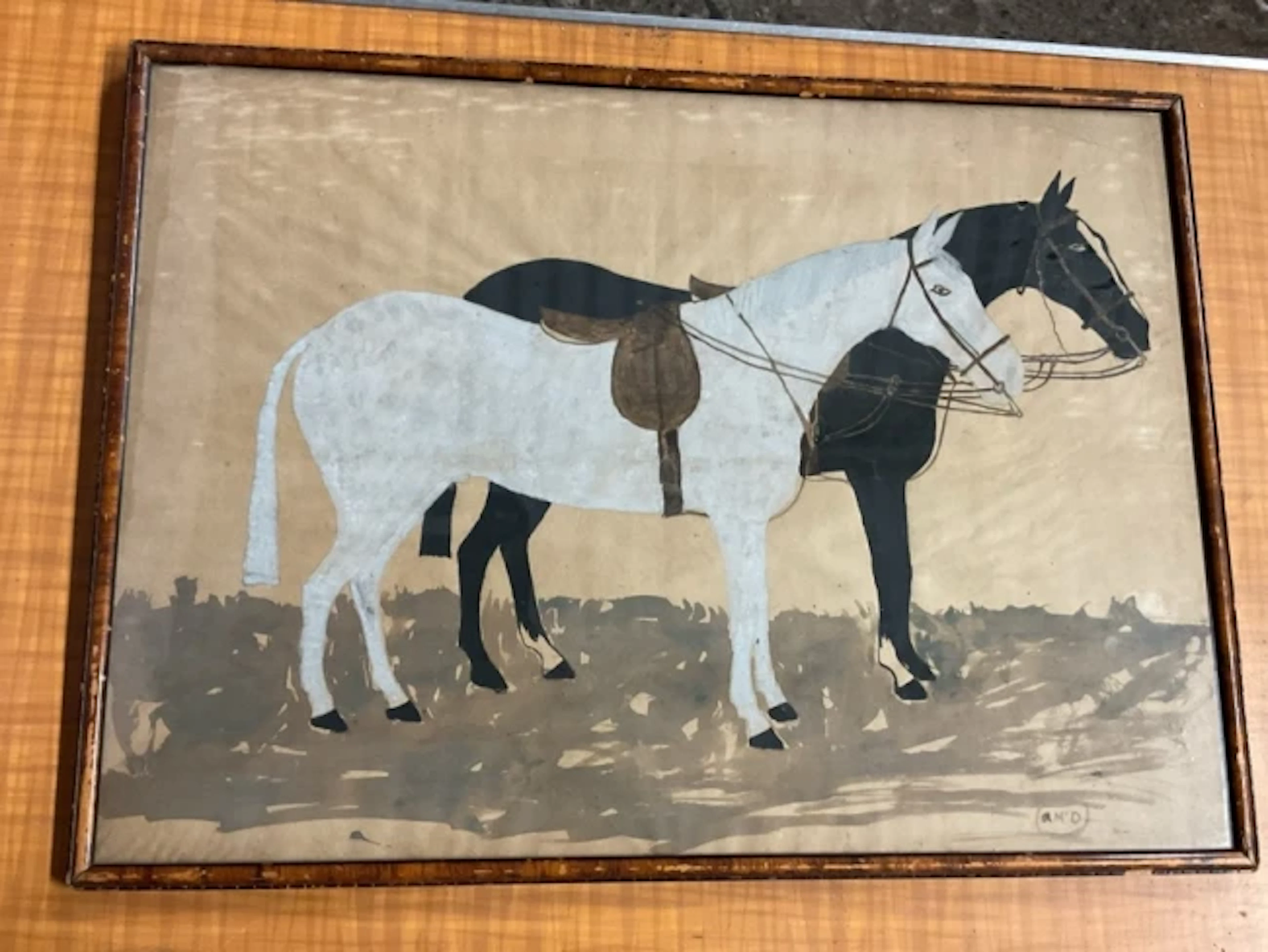 Edwardian watercolour, naïve portrait of two saddled white and black