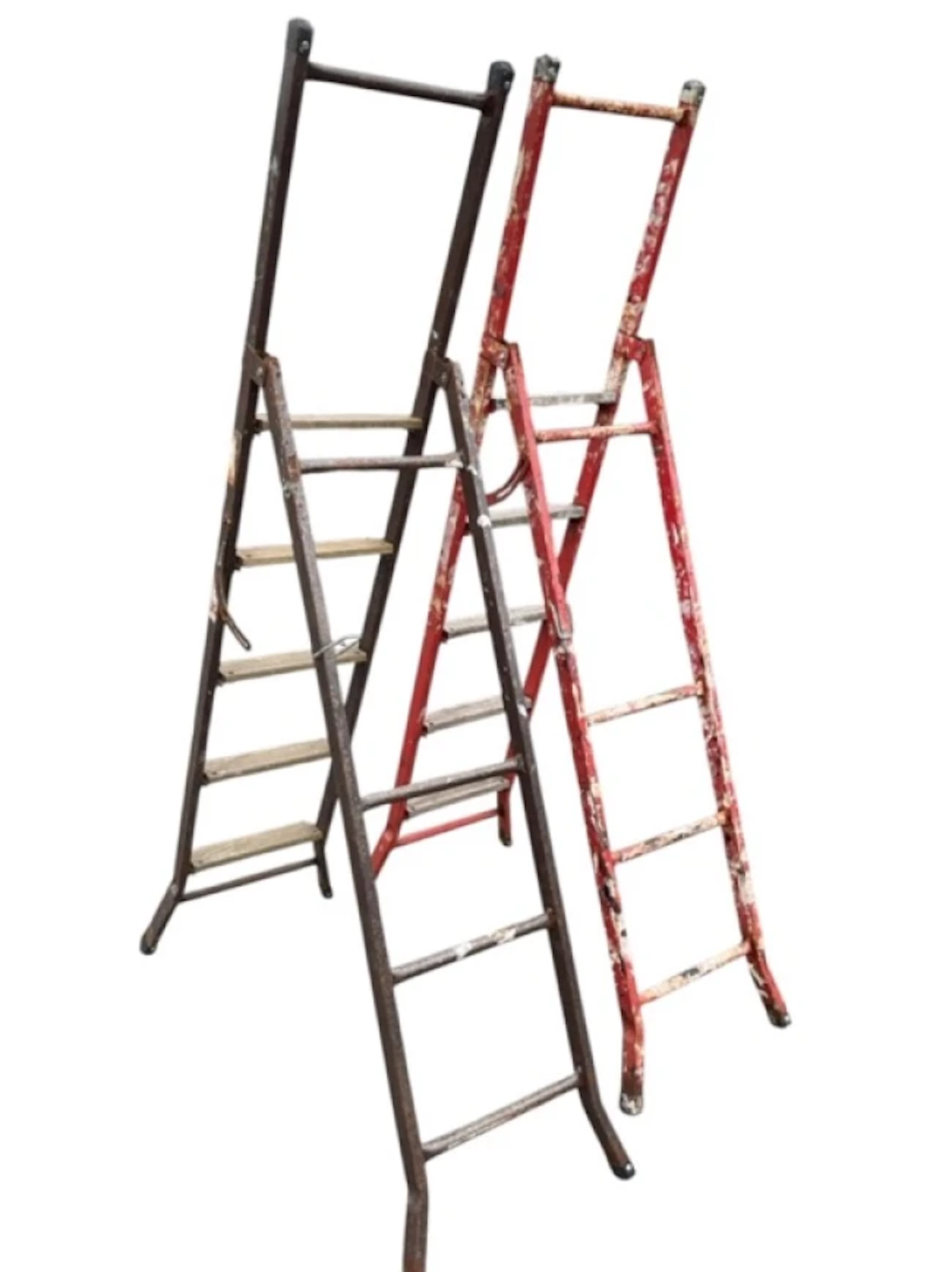 Two pairs of folding metal steps each with five ribbed wood treads