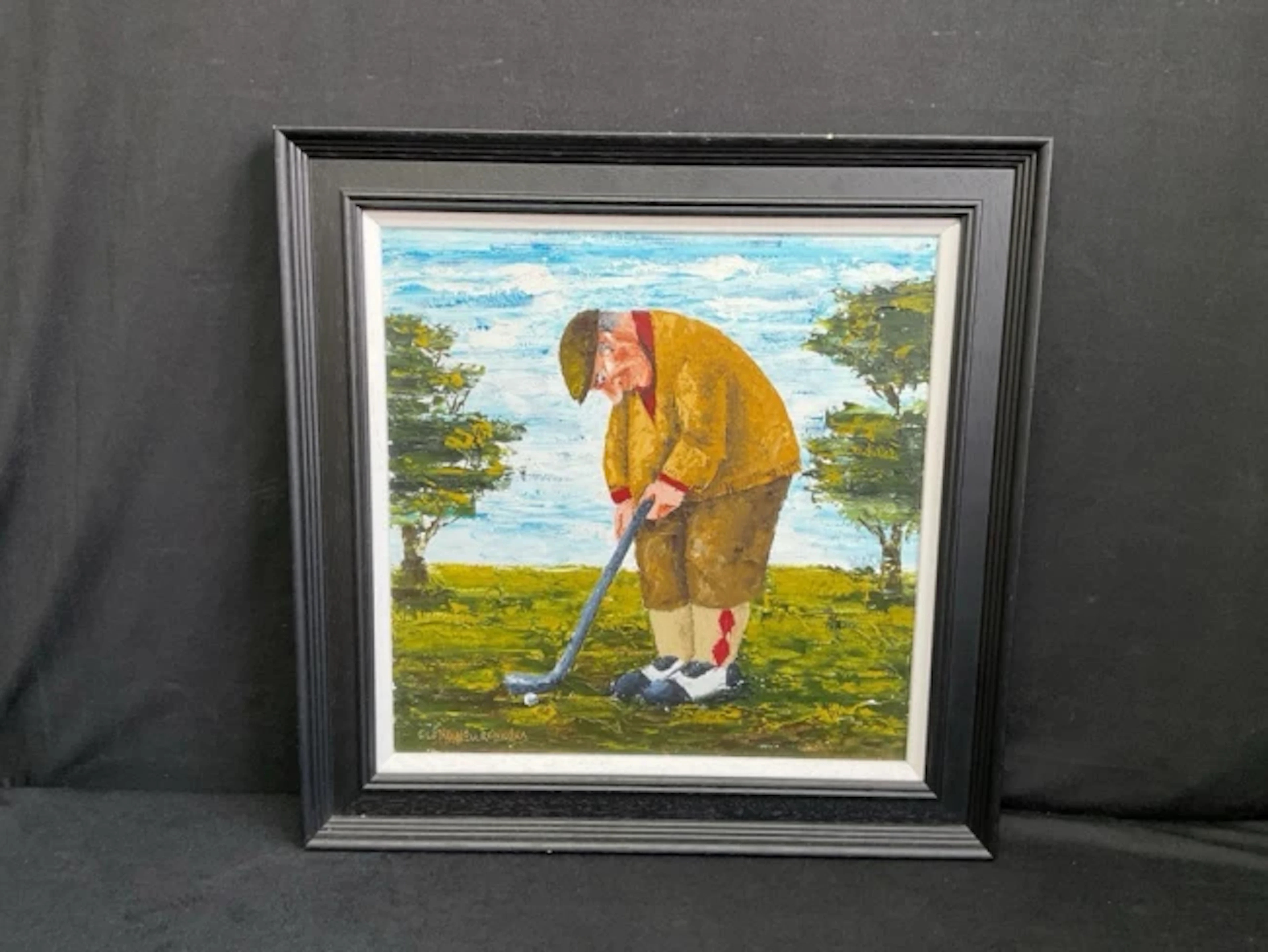 Elena Kōurenkōva, square oil on canvas, golfer on landscape, tutled