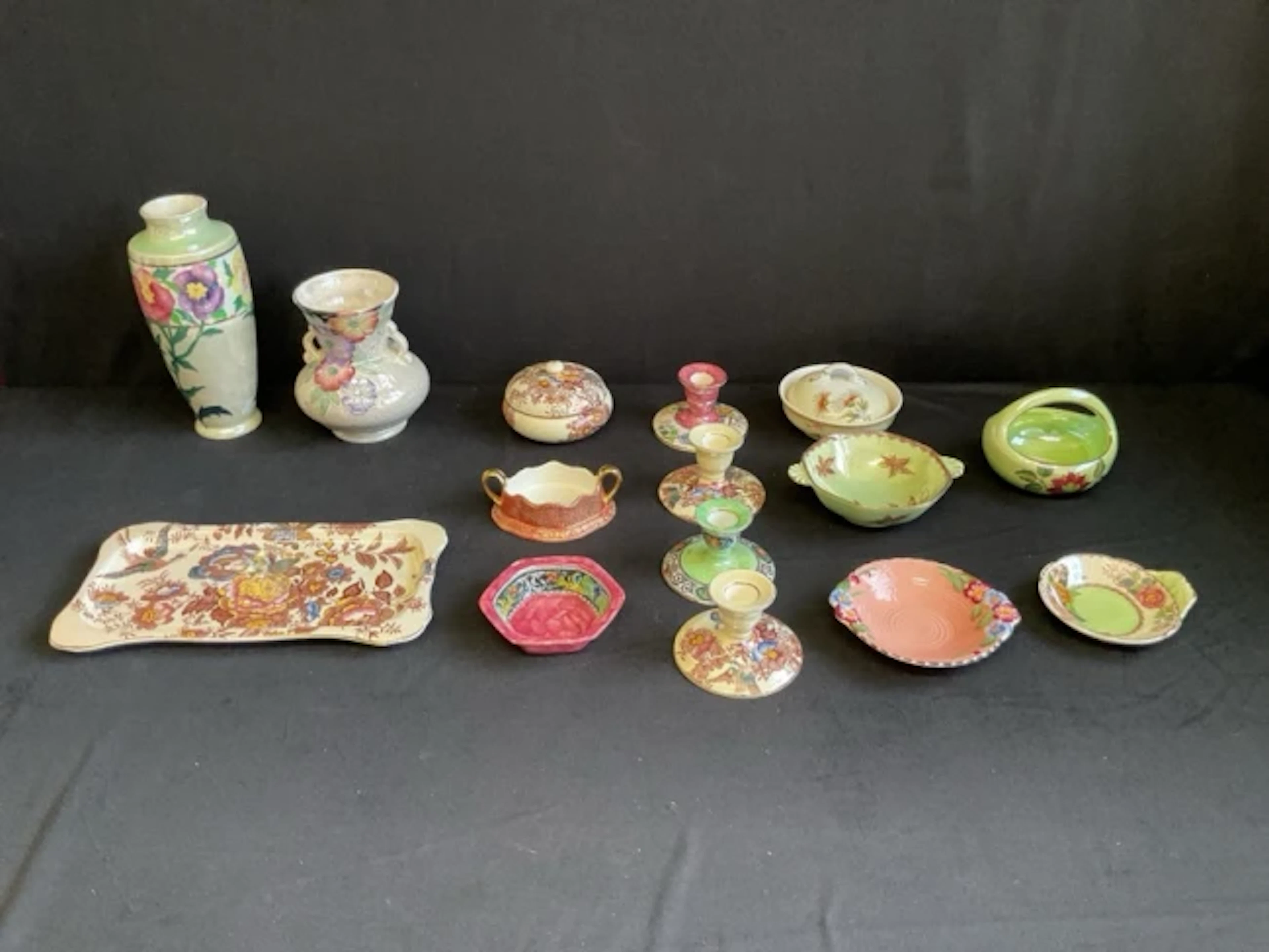 A collection of Maling pearlescent ceramics including an Old Gold