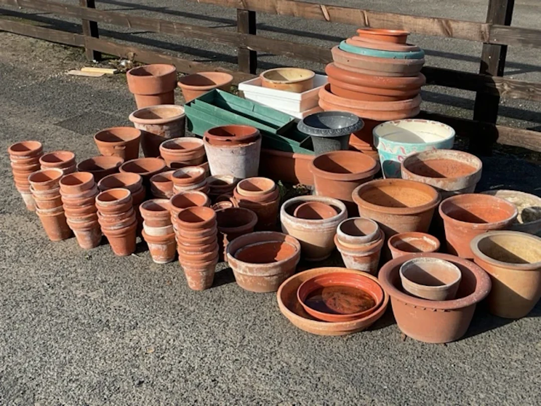 A large quantity of flowerpots, mainly traditional tapering terracotta