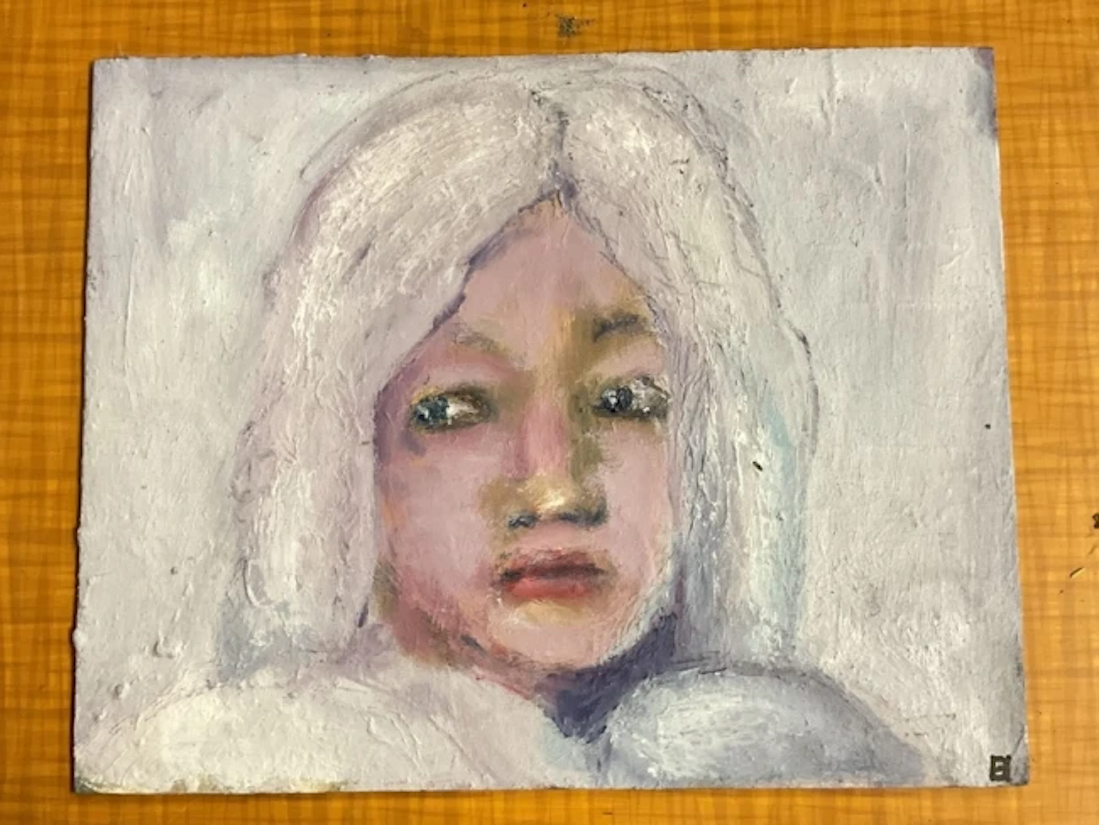 Style of Tracy Emin, oil on canvasboard, head portrait of a young