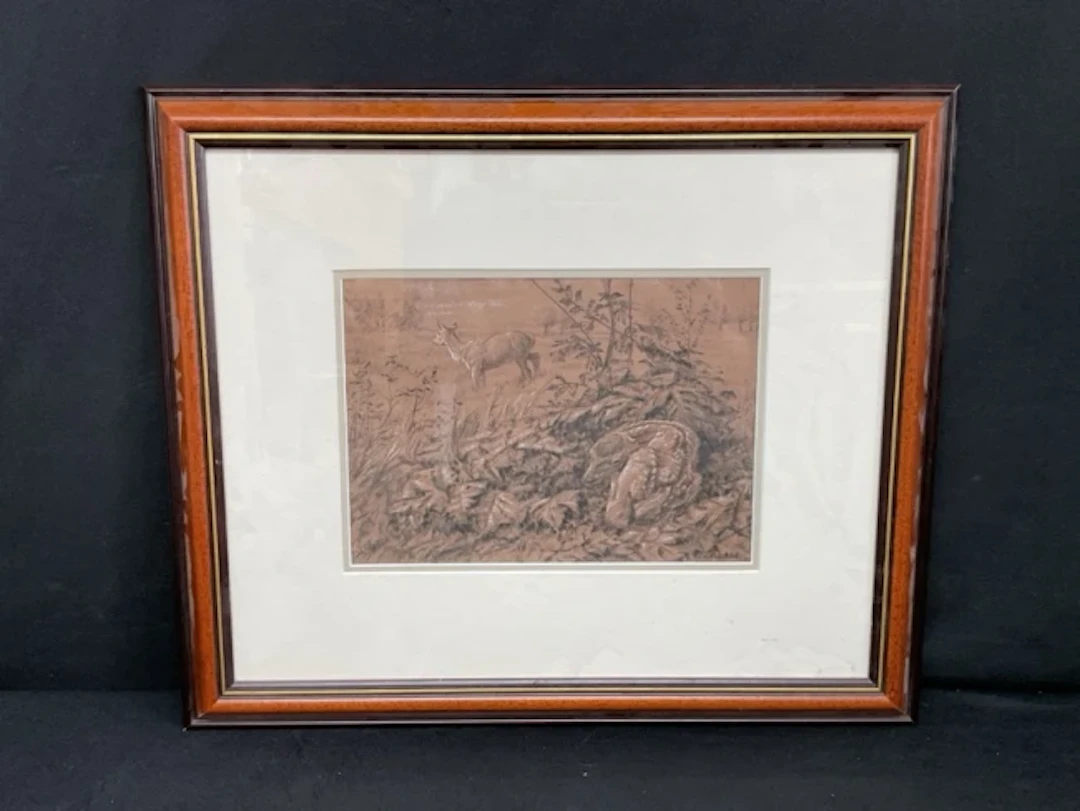 Gerald John Moore, charcoal, titled Red Deer West Sedge Moor, on label