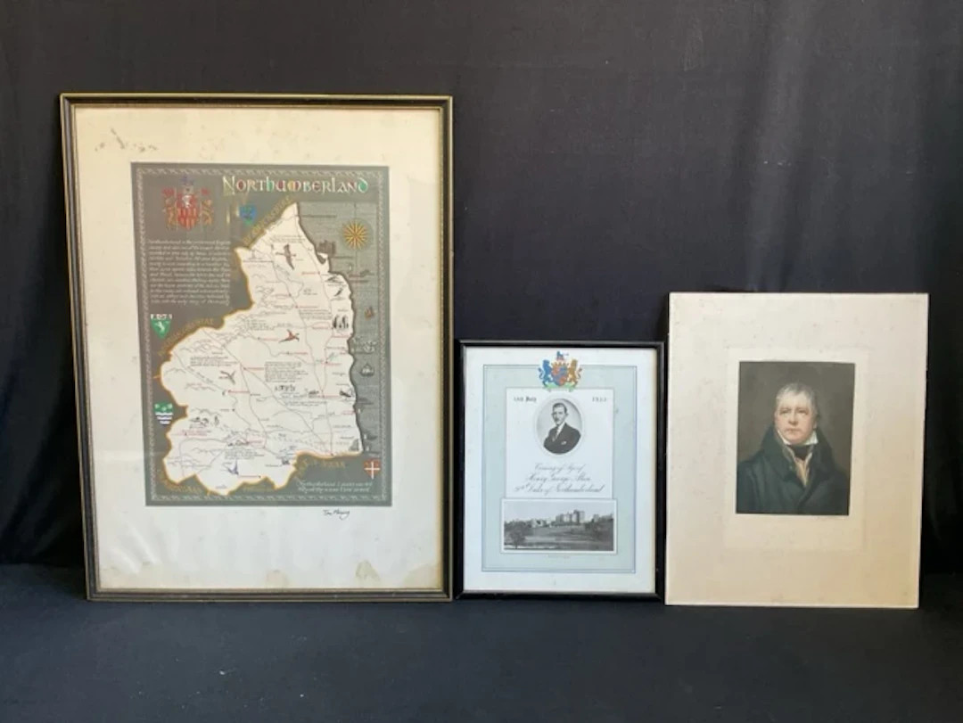 Tom Fleming, coloured print, map of Northumberland, framed; a framed