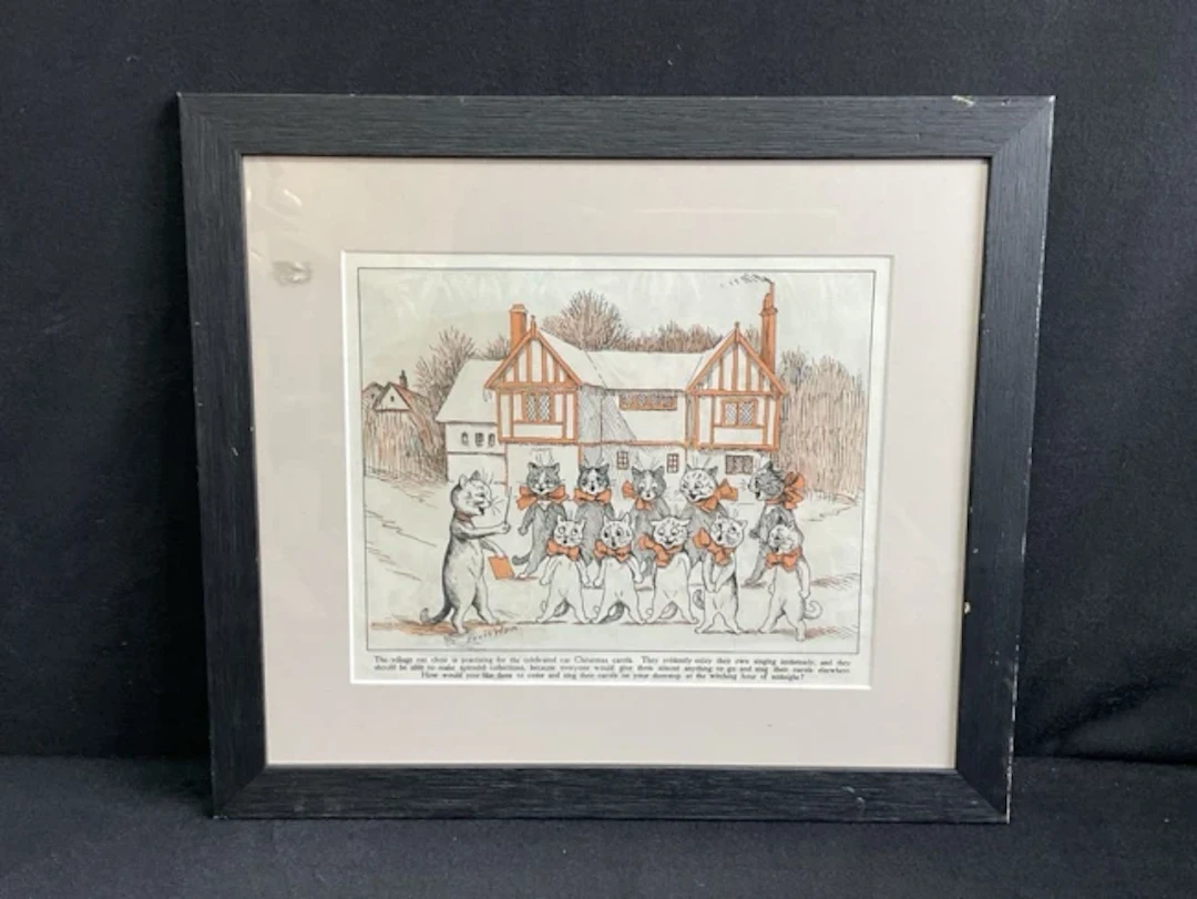 Louis Wain, two-colour print, The Cats Village Choir before a half-timbered
