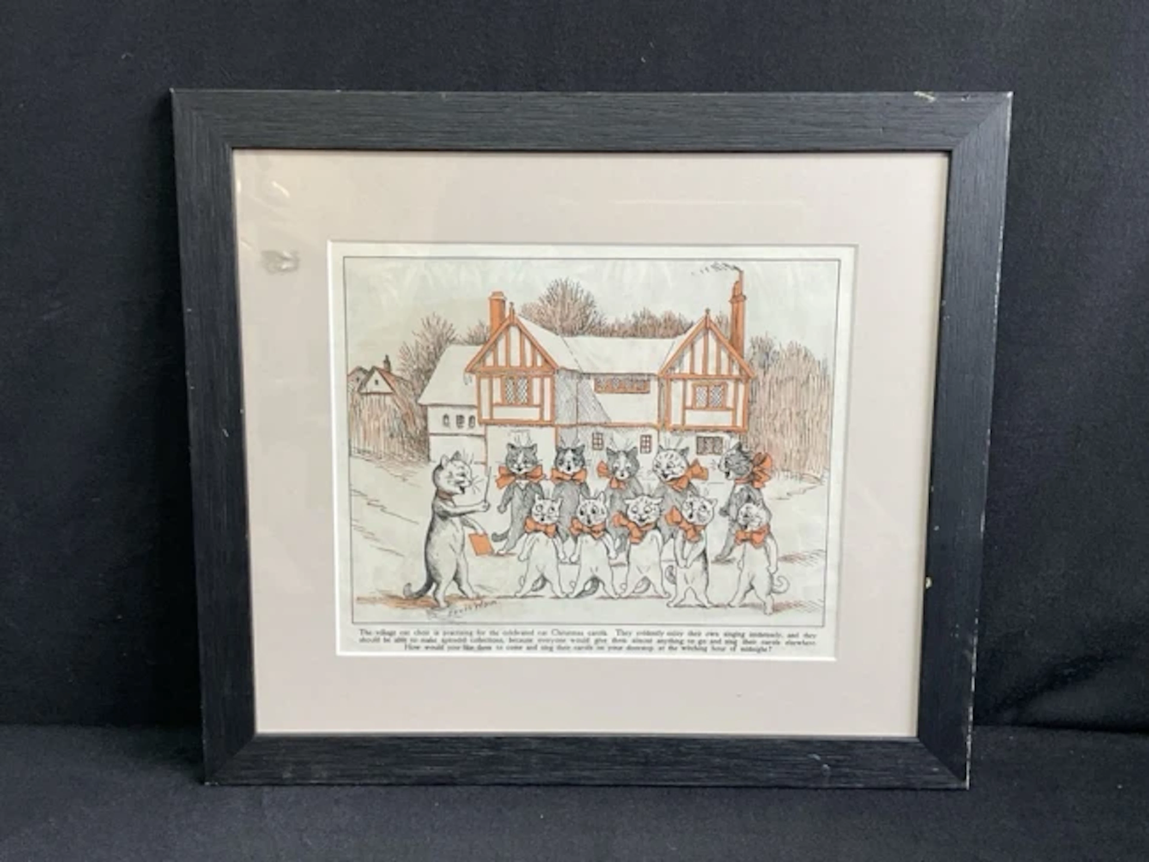 Louis Wain, two-colour print, The Cats Village Choir before a half-timbered