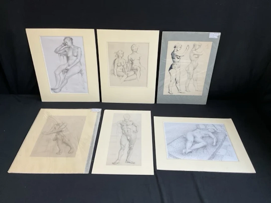 Ivor Johns, pencil, one male and three female nude figure studies