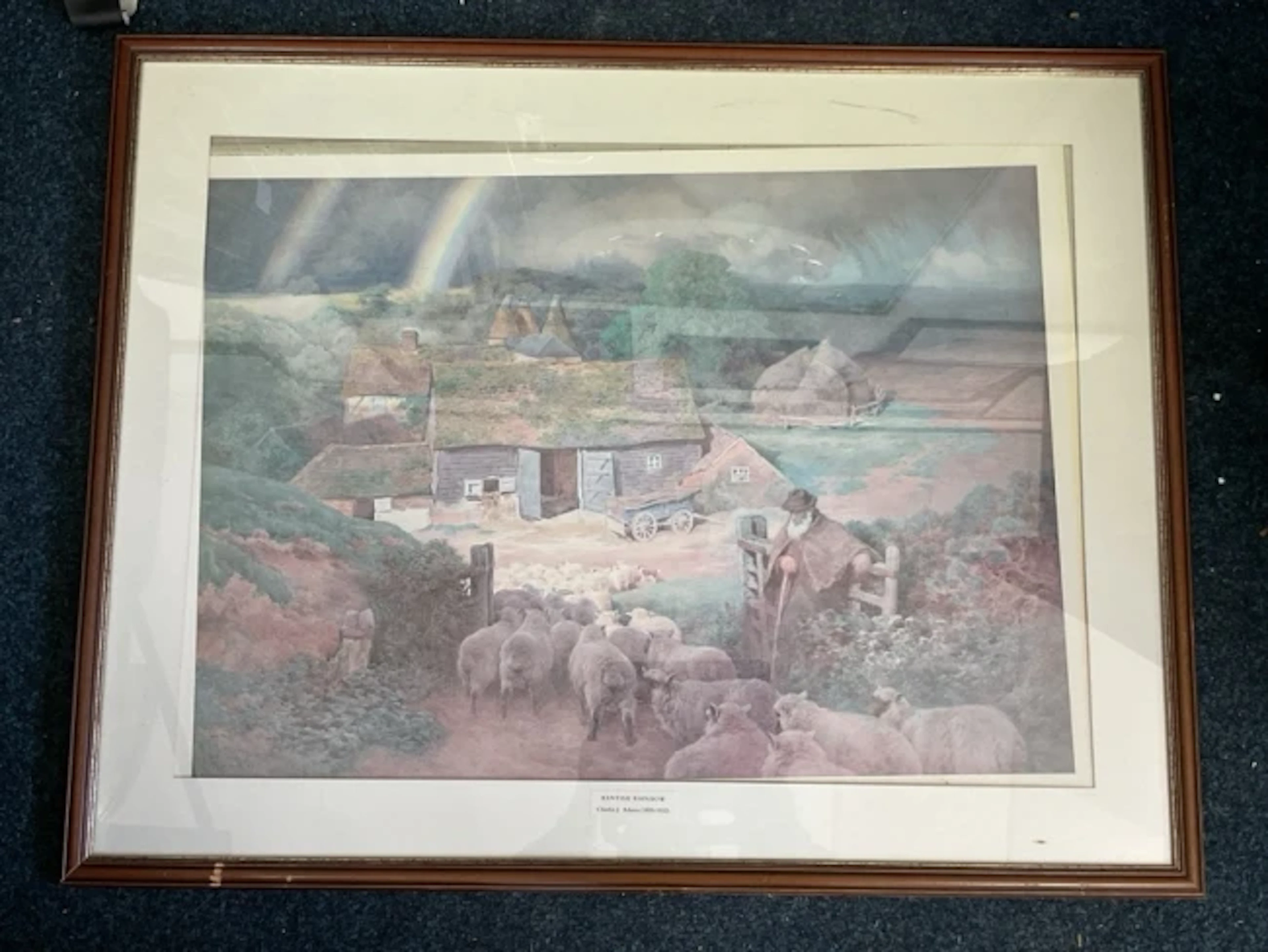Charles J Adams, rainy landscape with farm buildings, a shepherd and