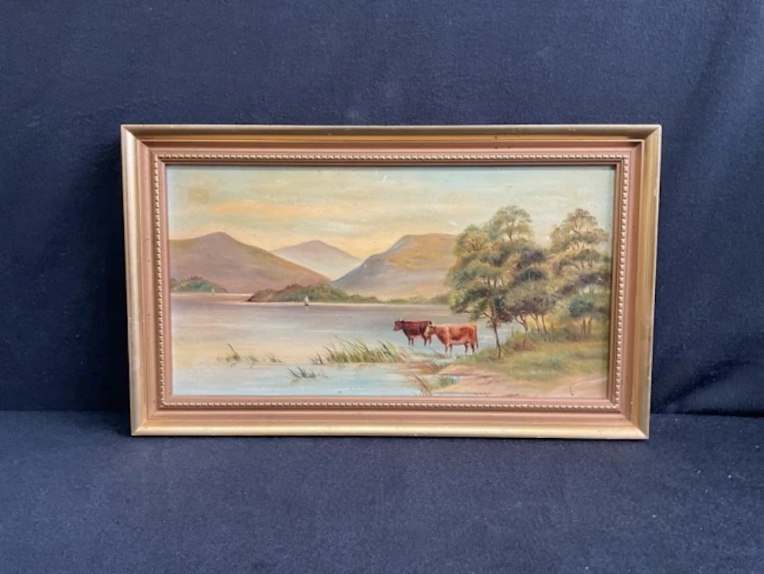 Victorian oil on board, Lakeland scene with wading cattle, unsigned