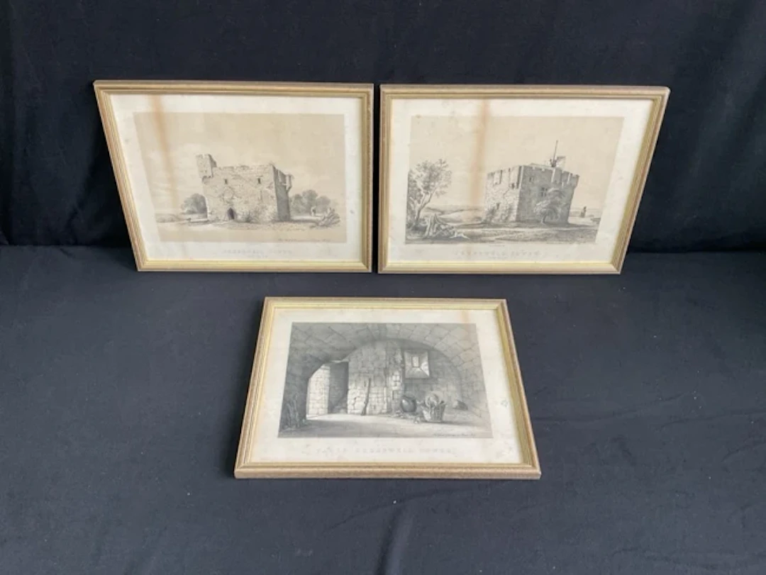 A set of three Victorian lithographs, views of Cresswell Tower Northumberland