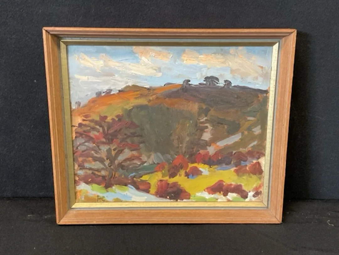 Peter Collis attrib., oil on board, hilly landscape, titled Winter
