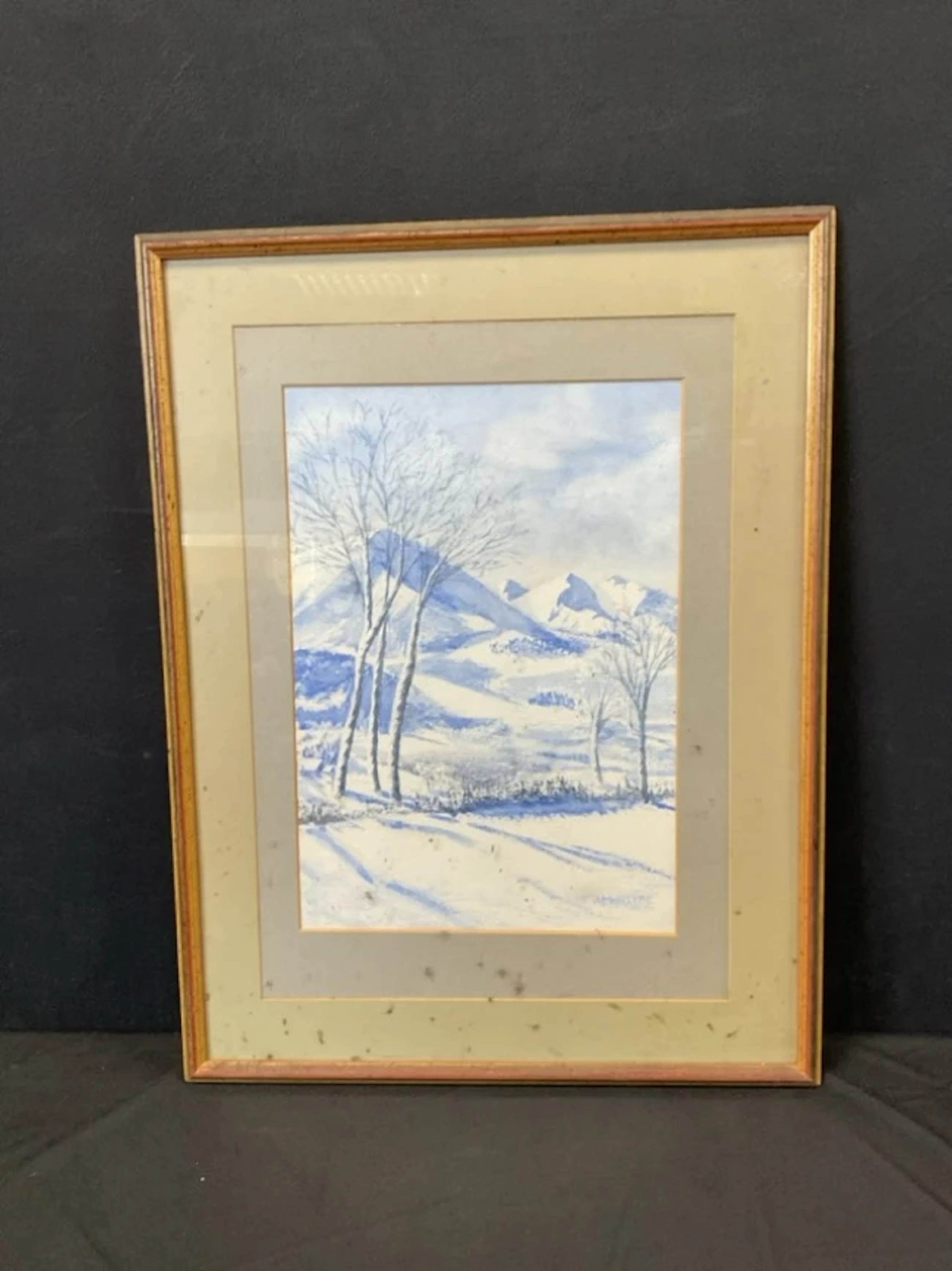 A McIntyre, watercolour, snowy landscape with mountains having fields