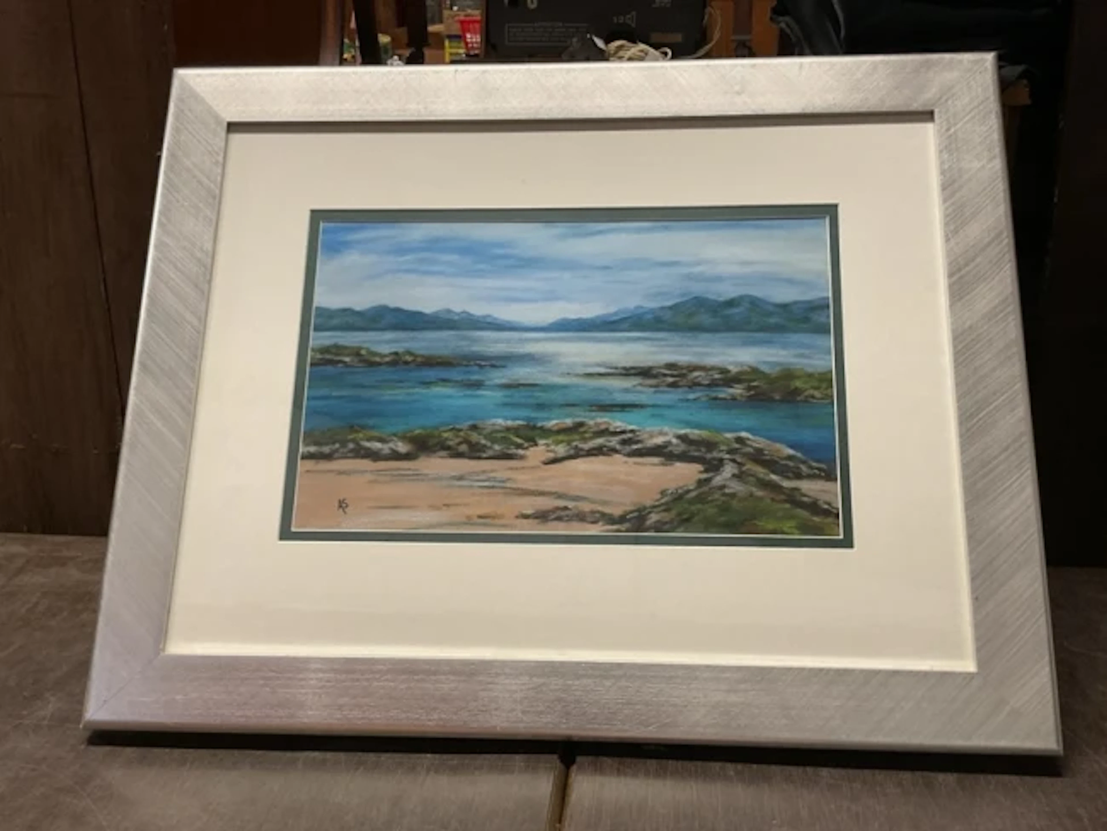Alison Strachan, giclée print, a rocky shore with distant mountains