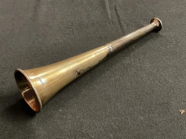 A tapering silver plated hunting horn with rolled rim - makers mark