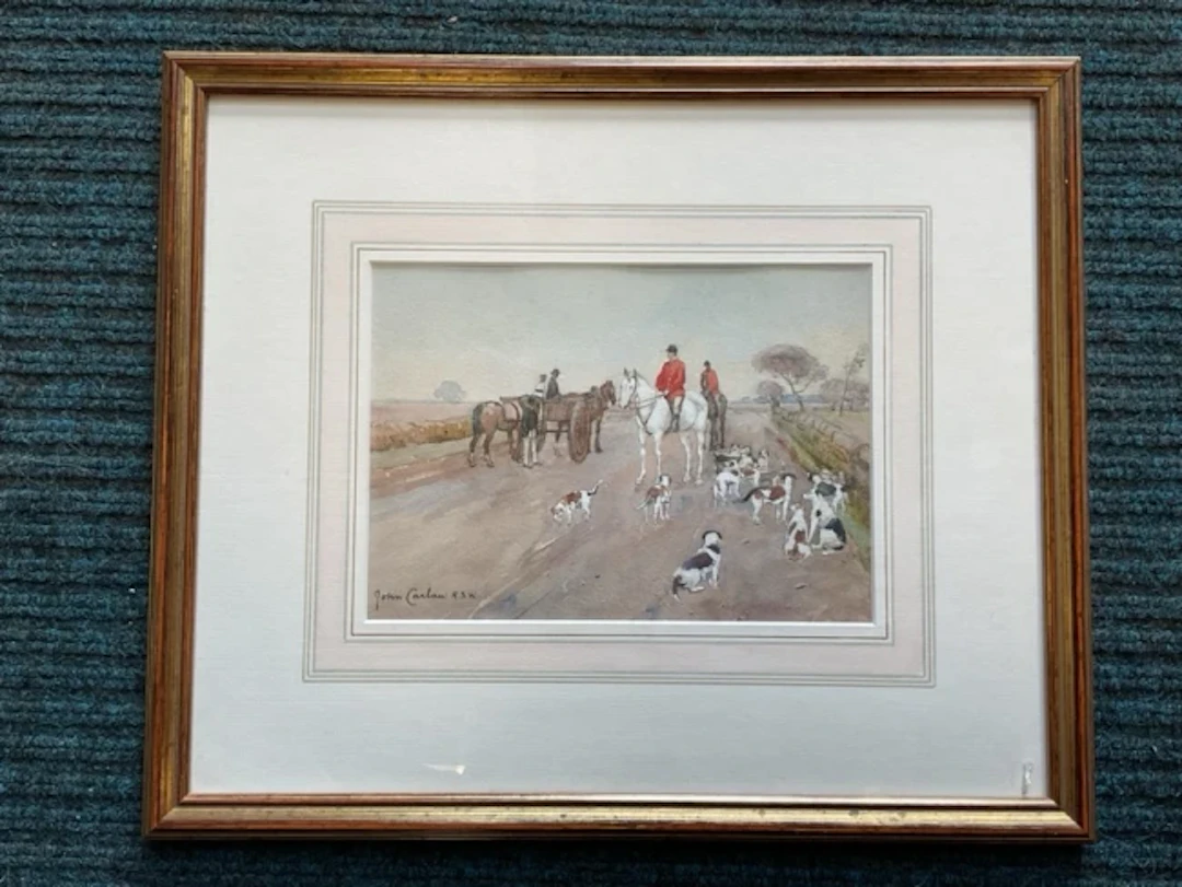 John Carlaw RSW, watercolour, hounds and mounted huntsmen beside a
