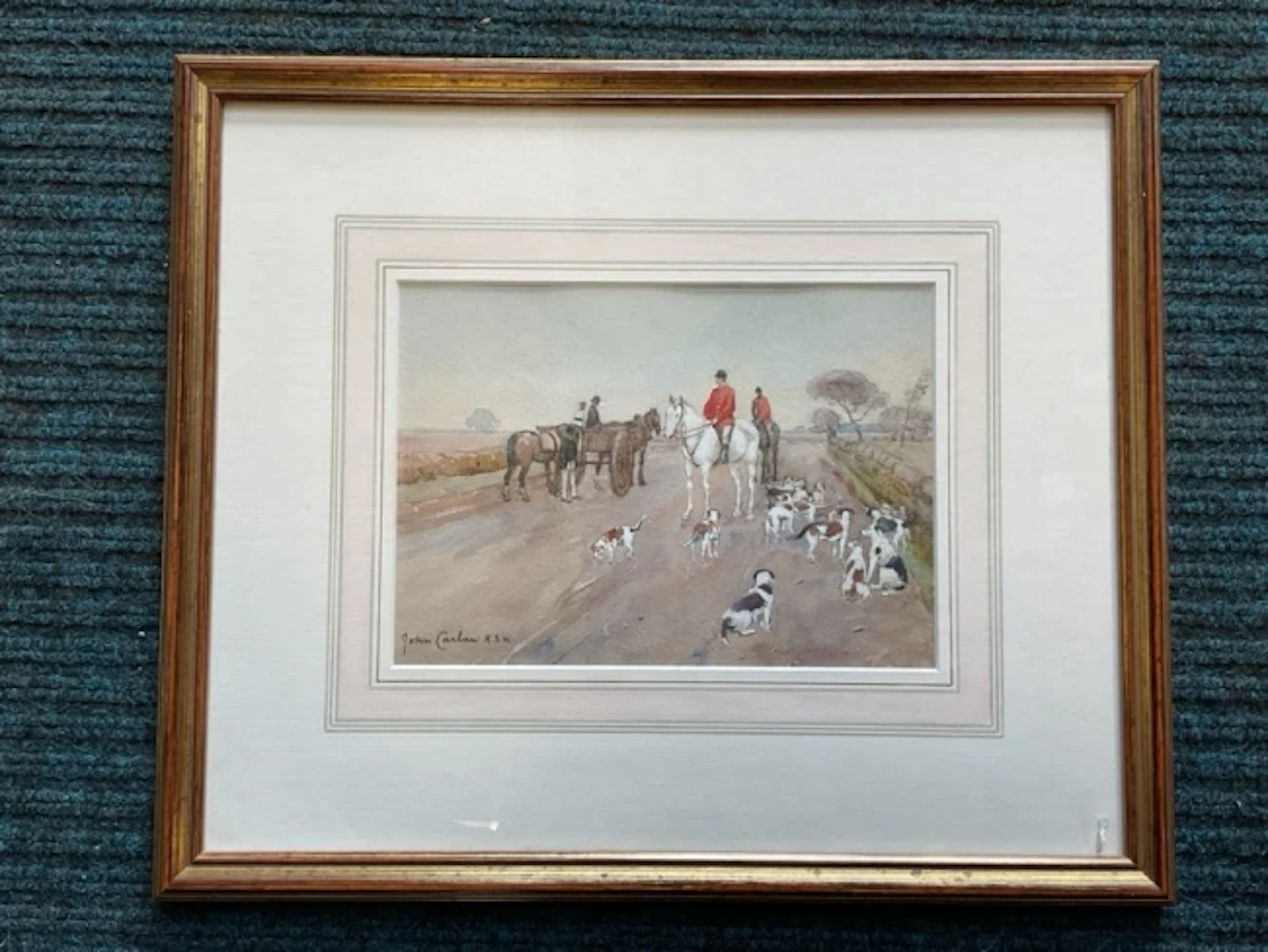 John Carlaw RSW, watercolour, hounds and mounted huntsmen beside a