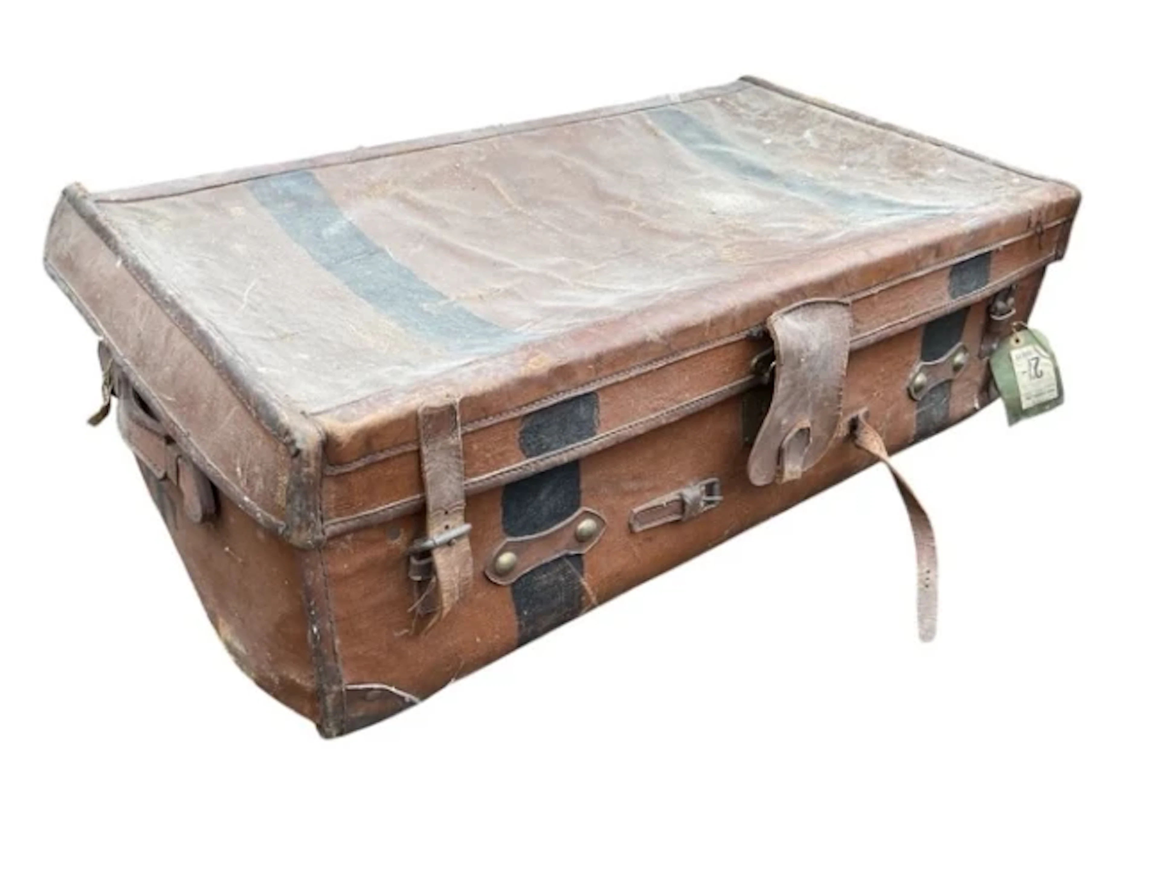 An Edwardian rectangular leather bound canvas trunk with leather straps
