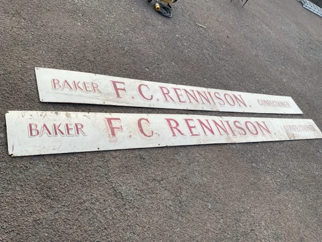 Two old sign written shop signboards for a baker & confectioner, each