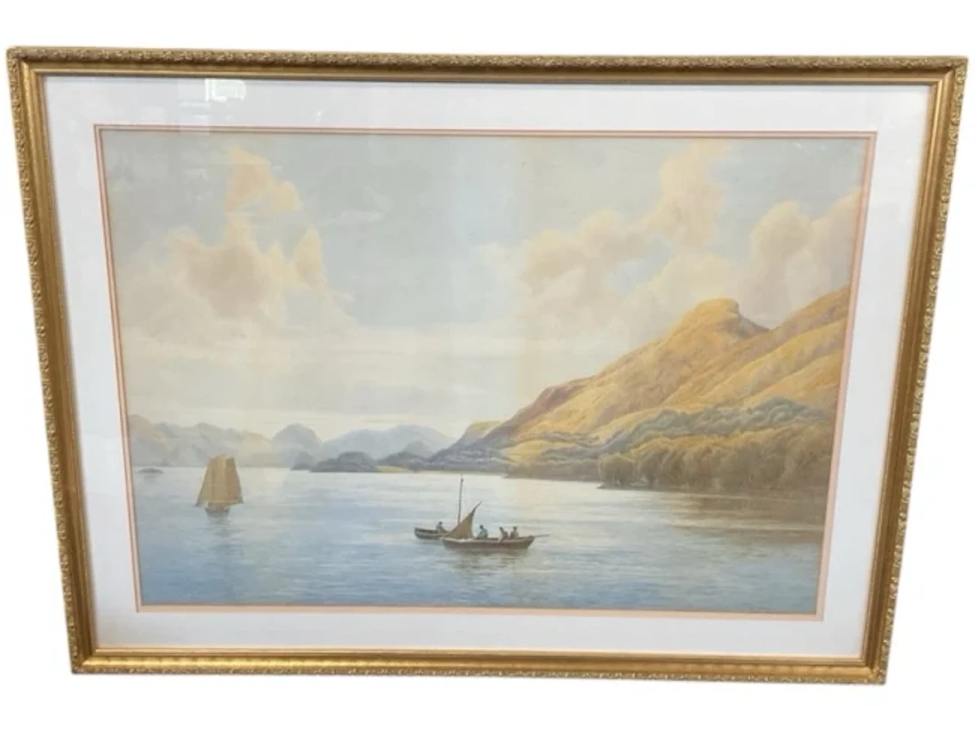 Basil Holmes, watercolour, boats on a Scottish loch surrounded by
