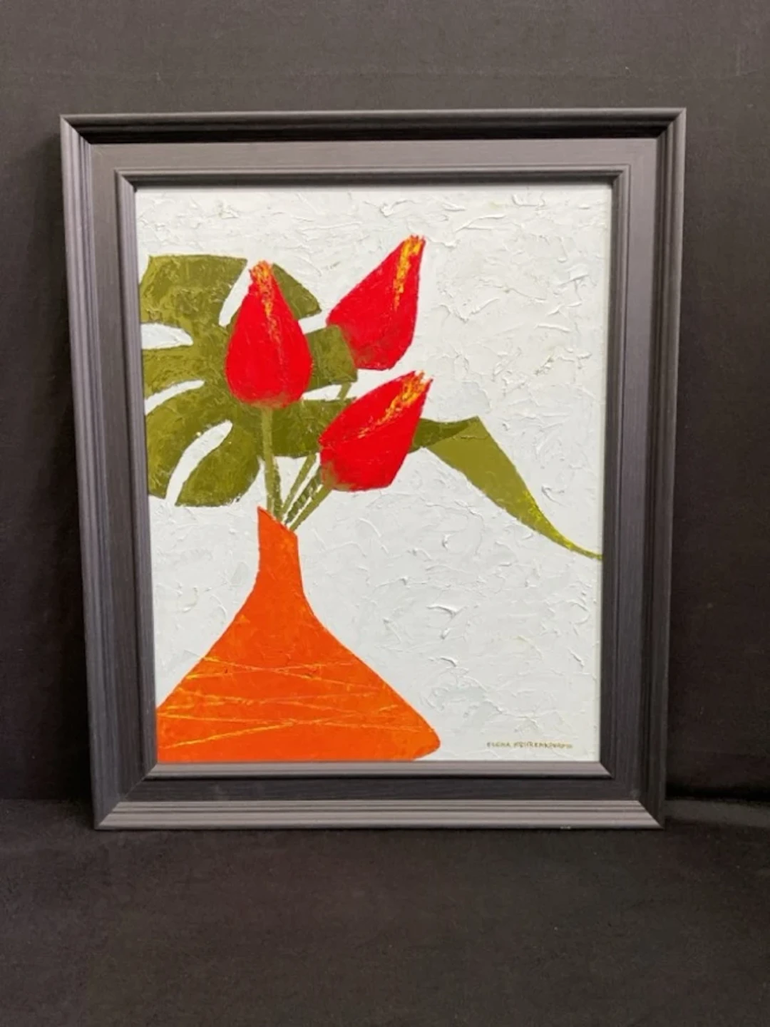 Elena Kōurenkōva, oil on canvas, vase of tulips titled Fanciful Florals