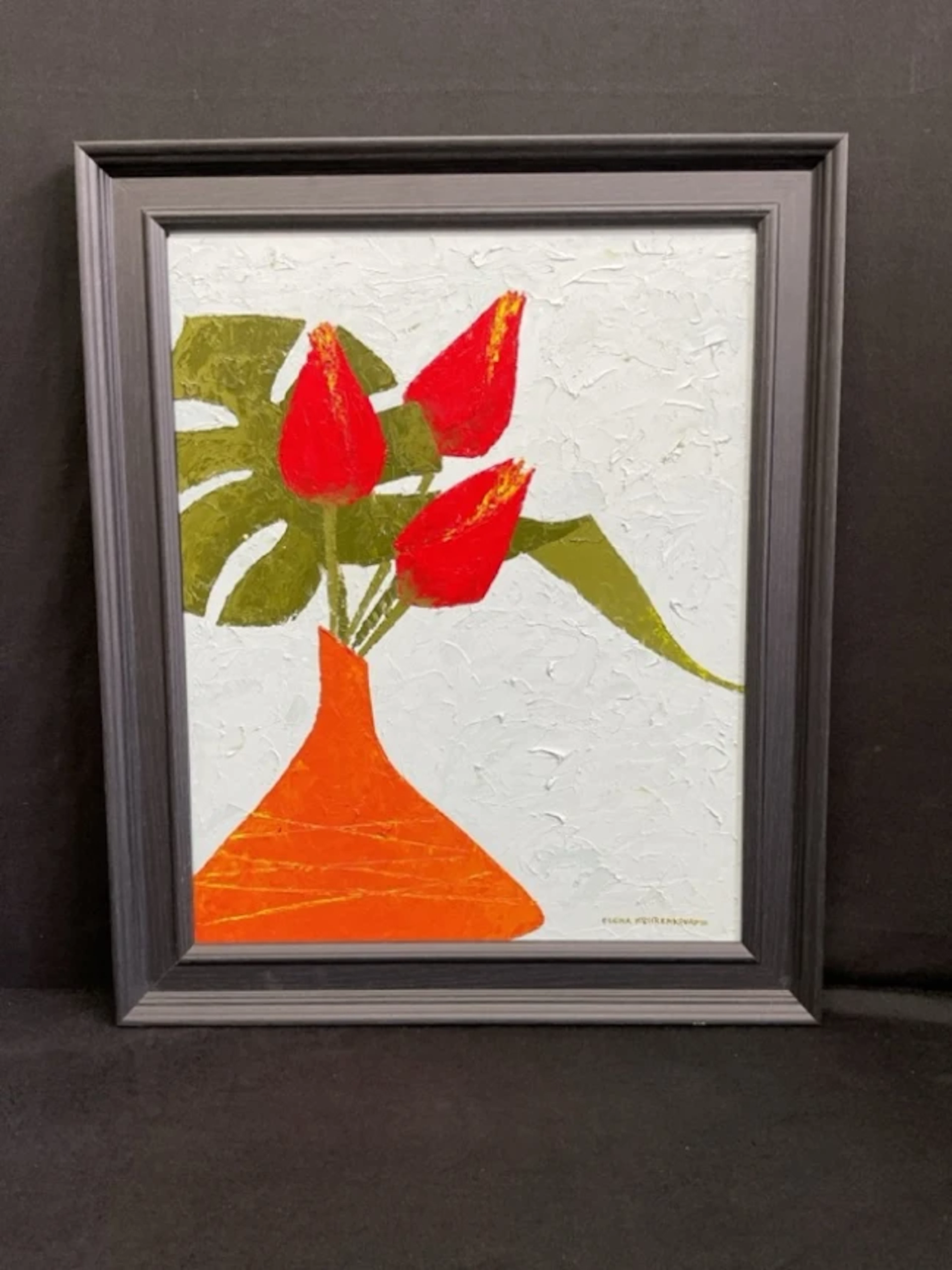 Elena Kōurenkōva, oil on canvas, vase of tulips titled Fanciful Florals