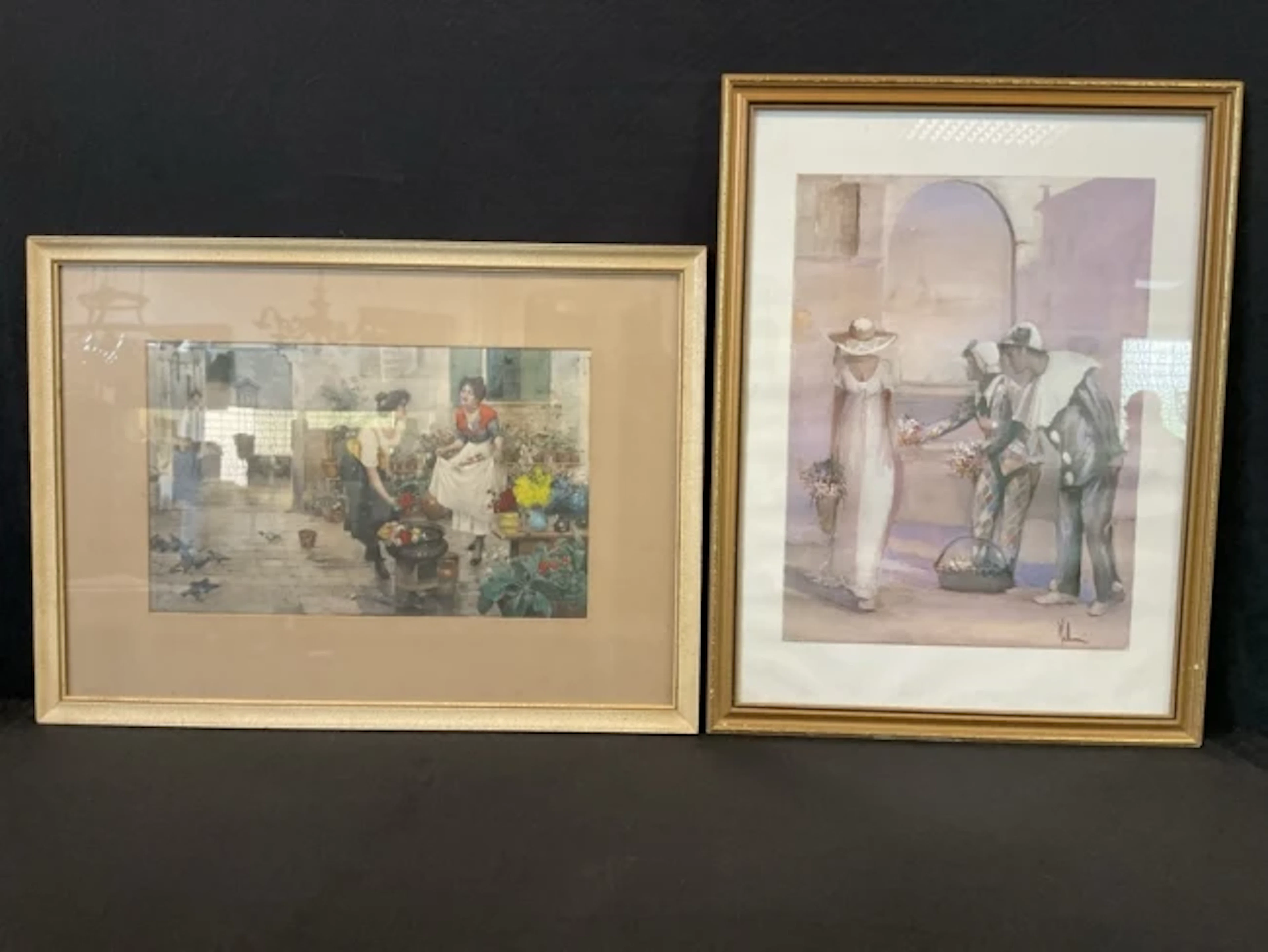 Cesare Vianello, handcoloured lithograph, women in a Venetian courtyard