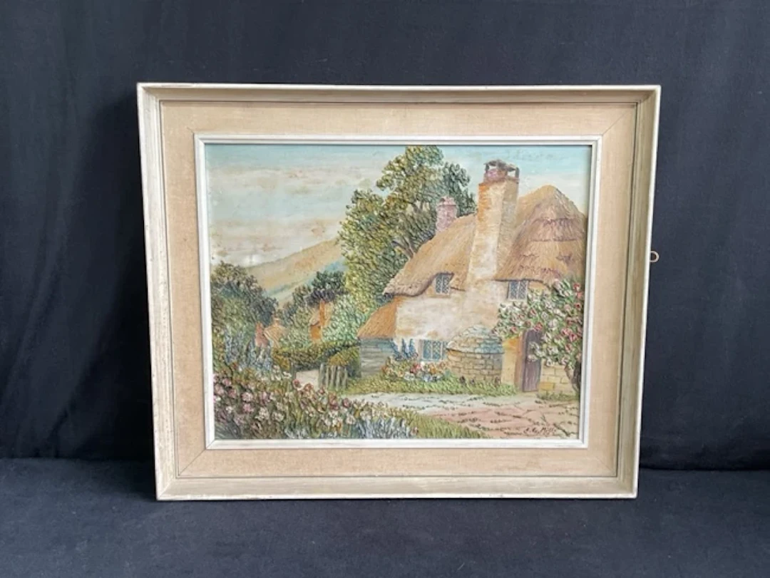 EC Mills, oil on hardboard, a thatched cottage and garden, signed