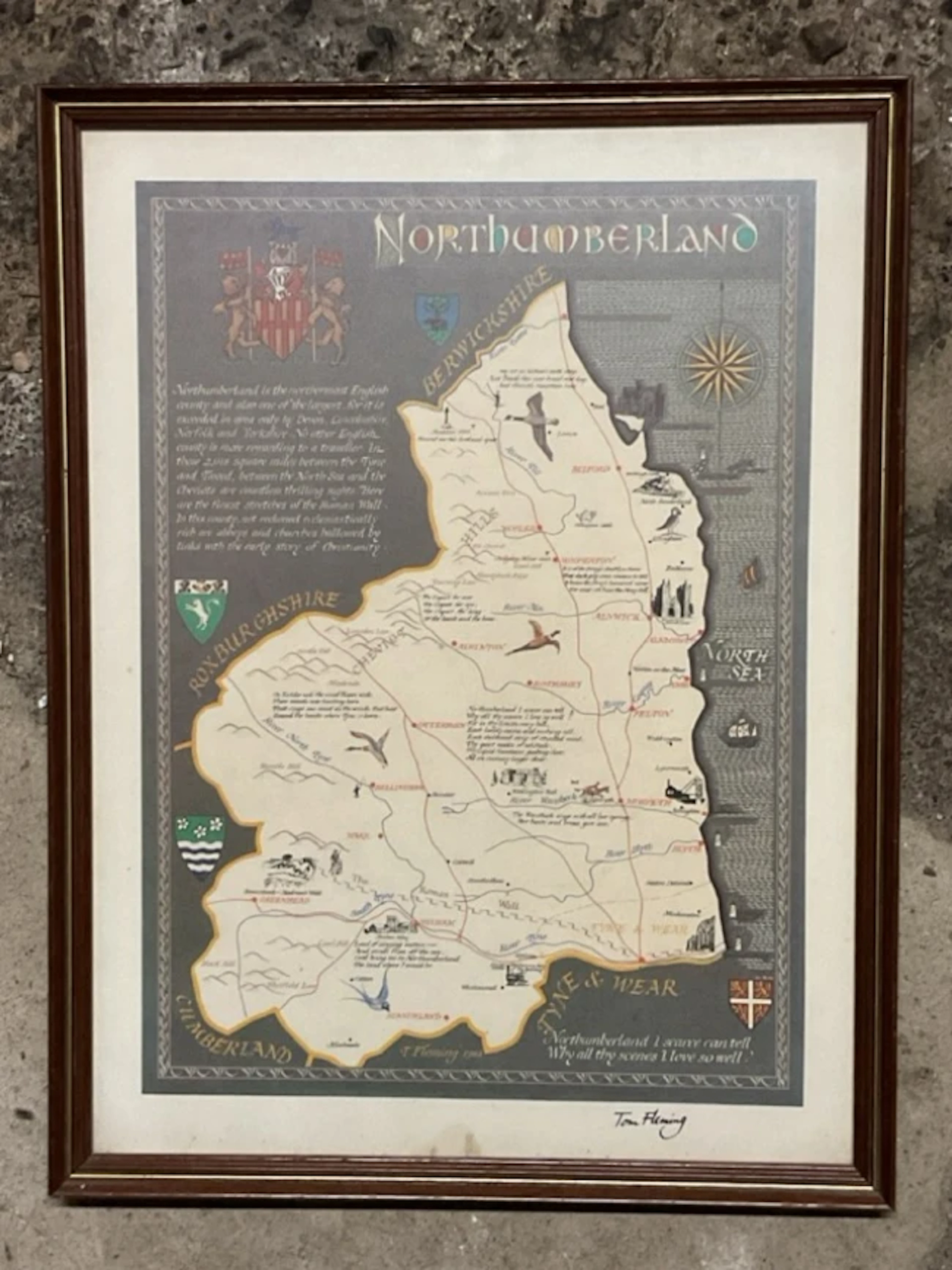 Tom Fleming, coloured print, illustrated map of Northumberland, signed