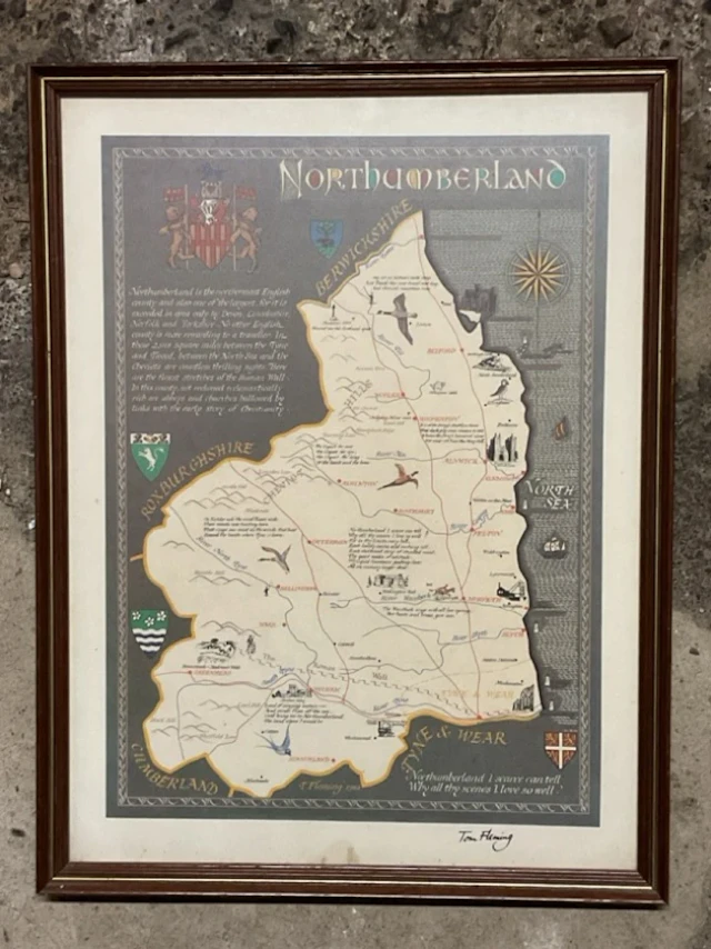 Tom Fleming, coloured print, illustrated map of Northumberland, signed