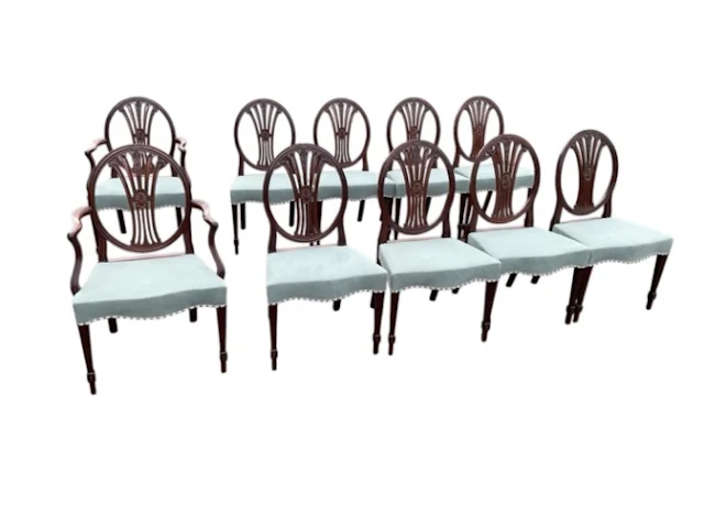 A set of ten Hepplewhite style period mahogany dining chairs, the