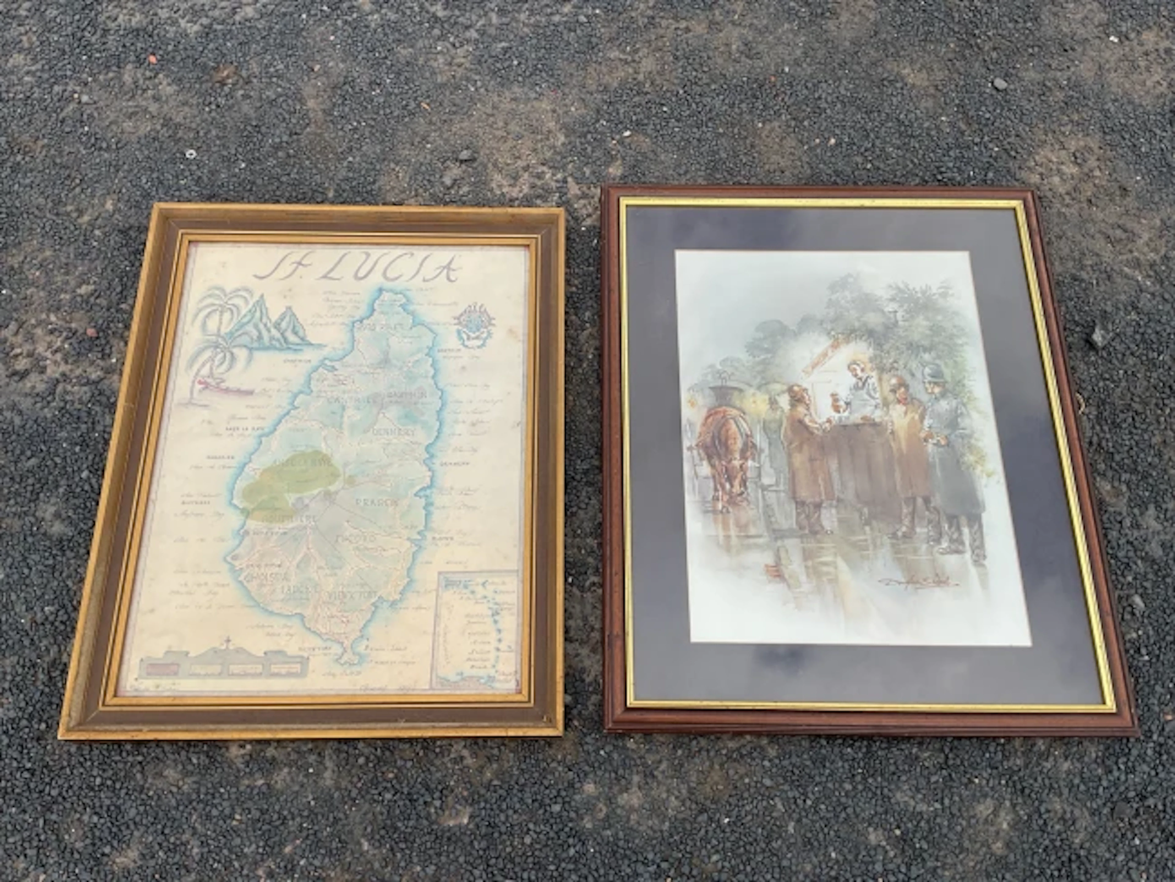 Sandra Fisher, coloured print, map of St Lucia; and Douglas E West