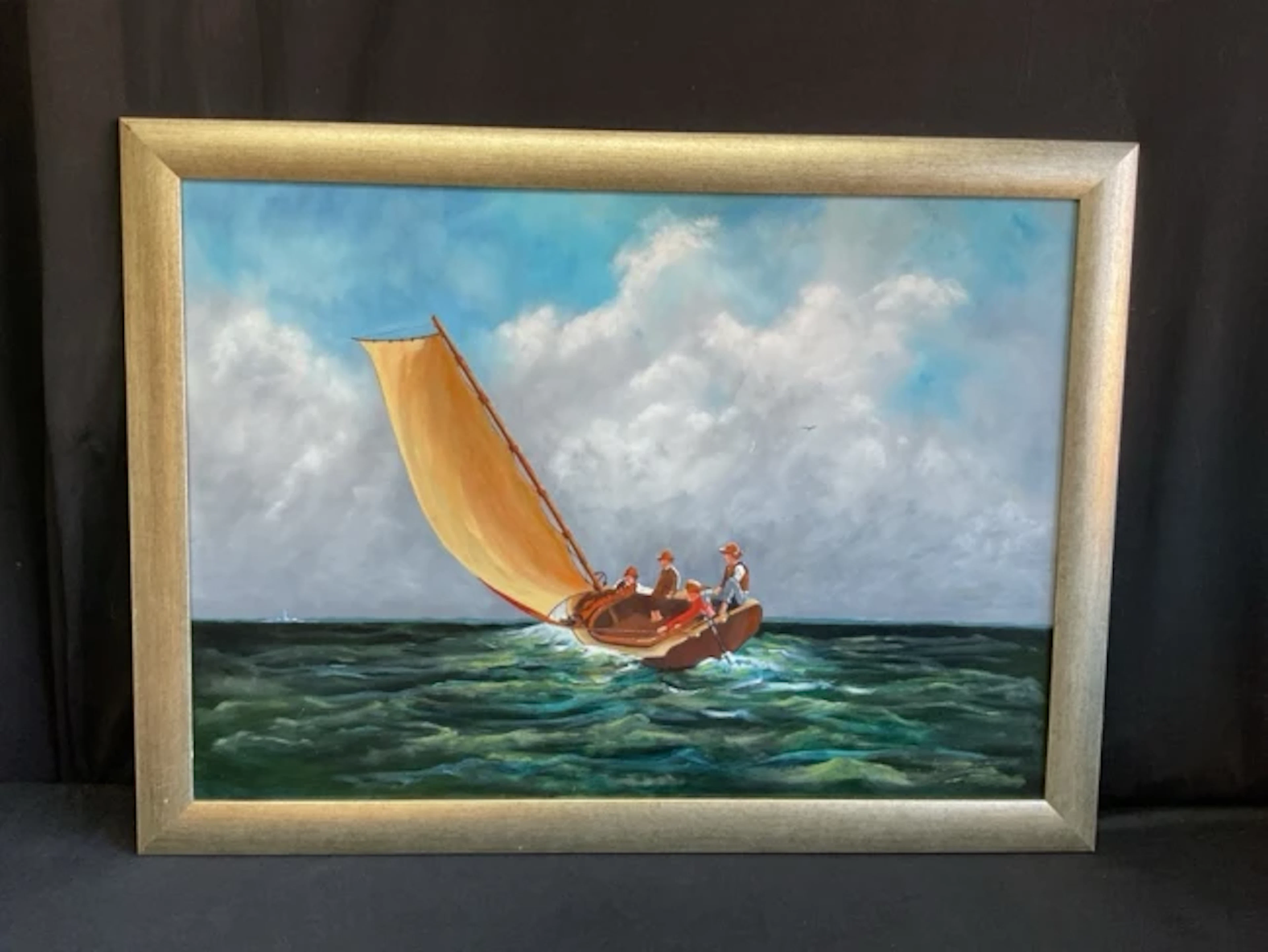 After Winslow Homer oil on board, boys in a dinghy at sea with distant