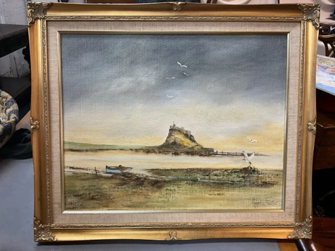 Nancie Foster, oil on canvas, study of Lindisfarne Castle from across