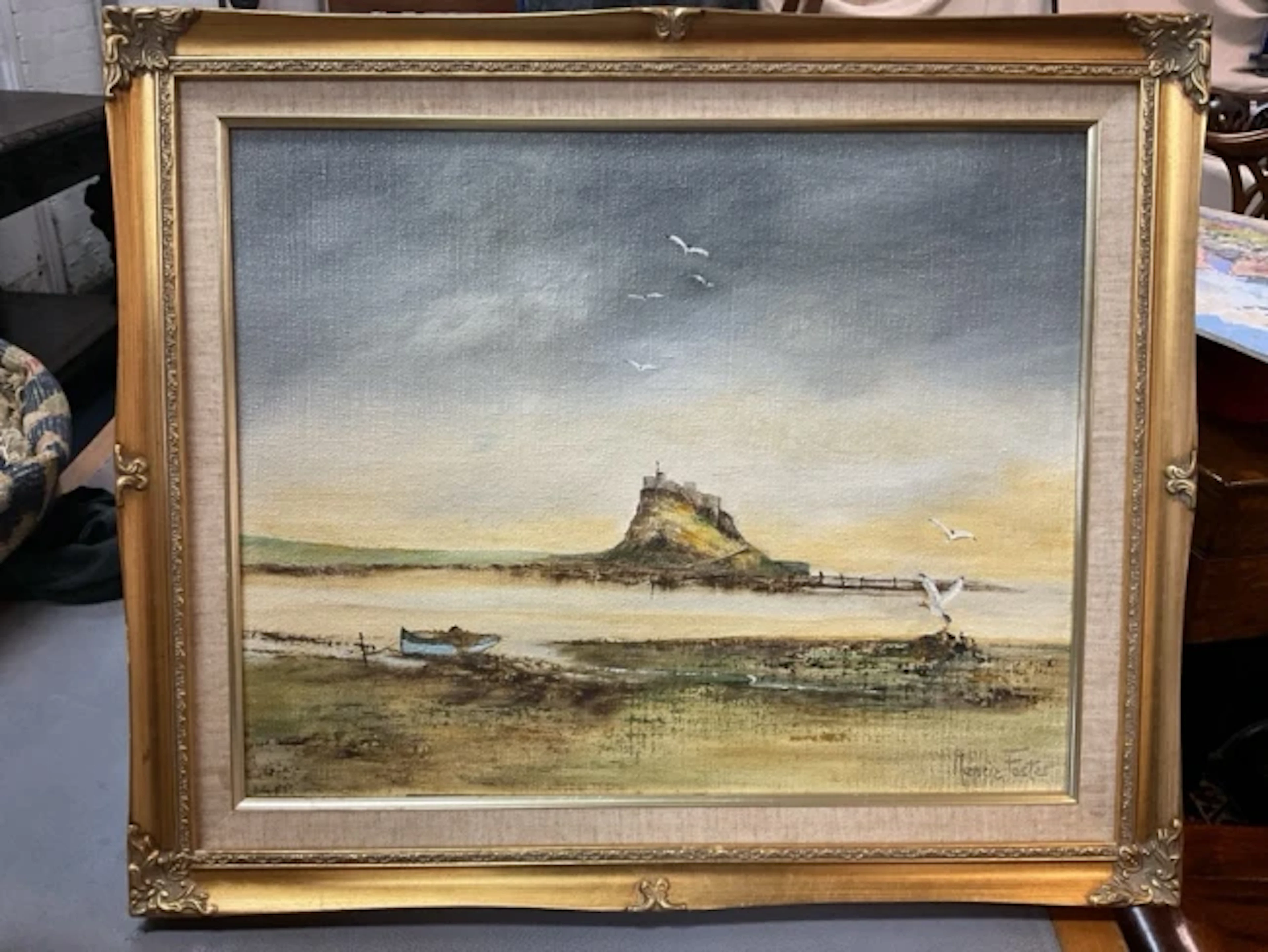 Nancie Foster, oil on canvas, study of Lindisfarne Castle from across