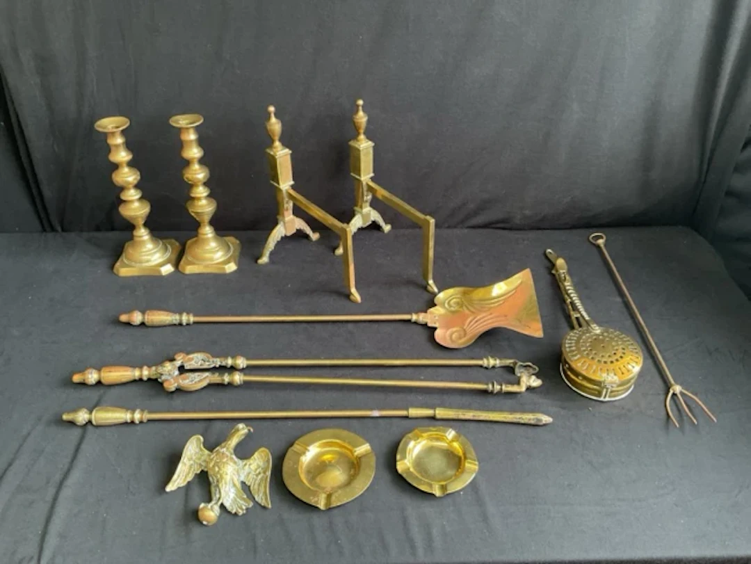 Miscellaneous brass - a pair of Victorian candlesticks, a set of three