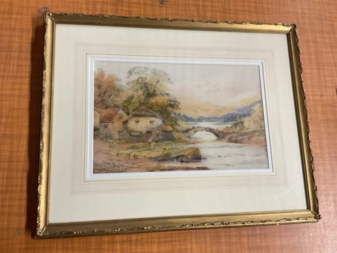 J Rock Jones, watercolour, Lakeland landscape with a stone bridge