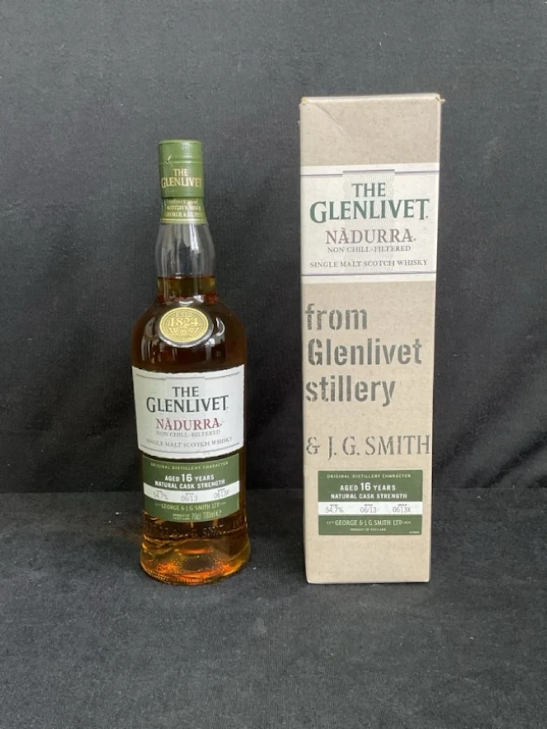 A bottle of Glenlivet Nàdurra single malt whisky, the spirit aged