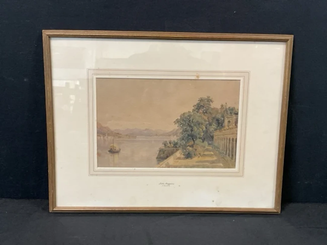 F Blake, watercolour, continental landscape of Lake Maggiore from
