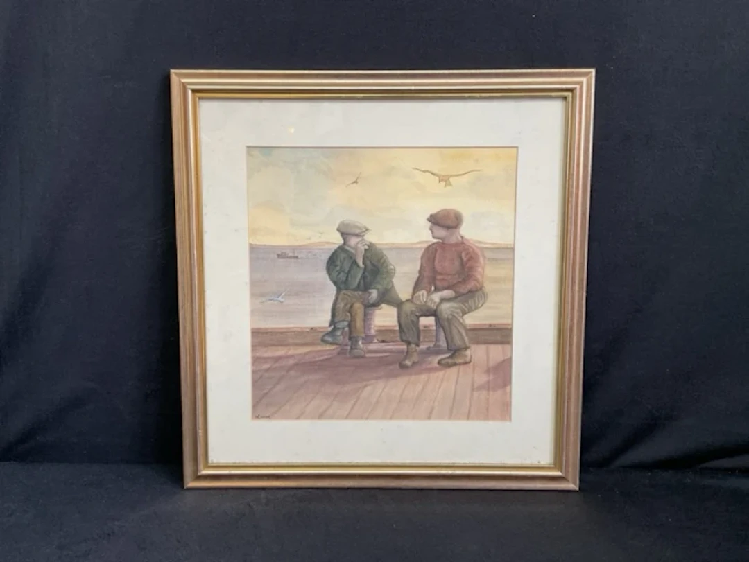 W Graham, watercolour, two men on quayside with seagulls, signed