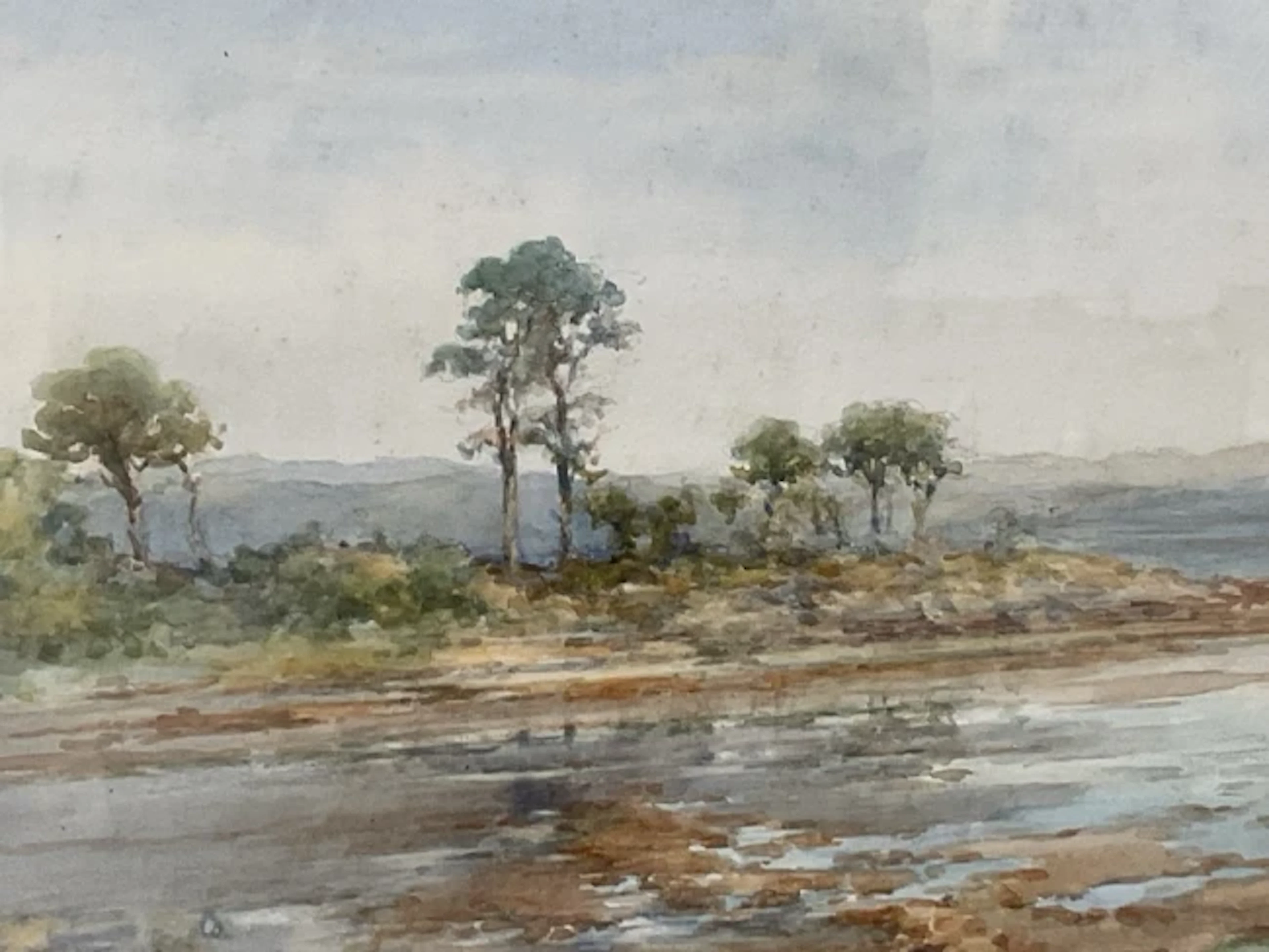 Frank Watson Wood, watercolour, coastal landscape with trees and distant