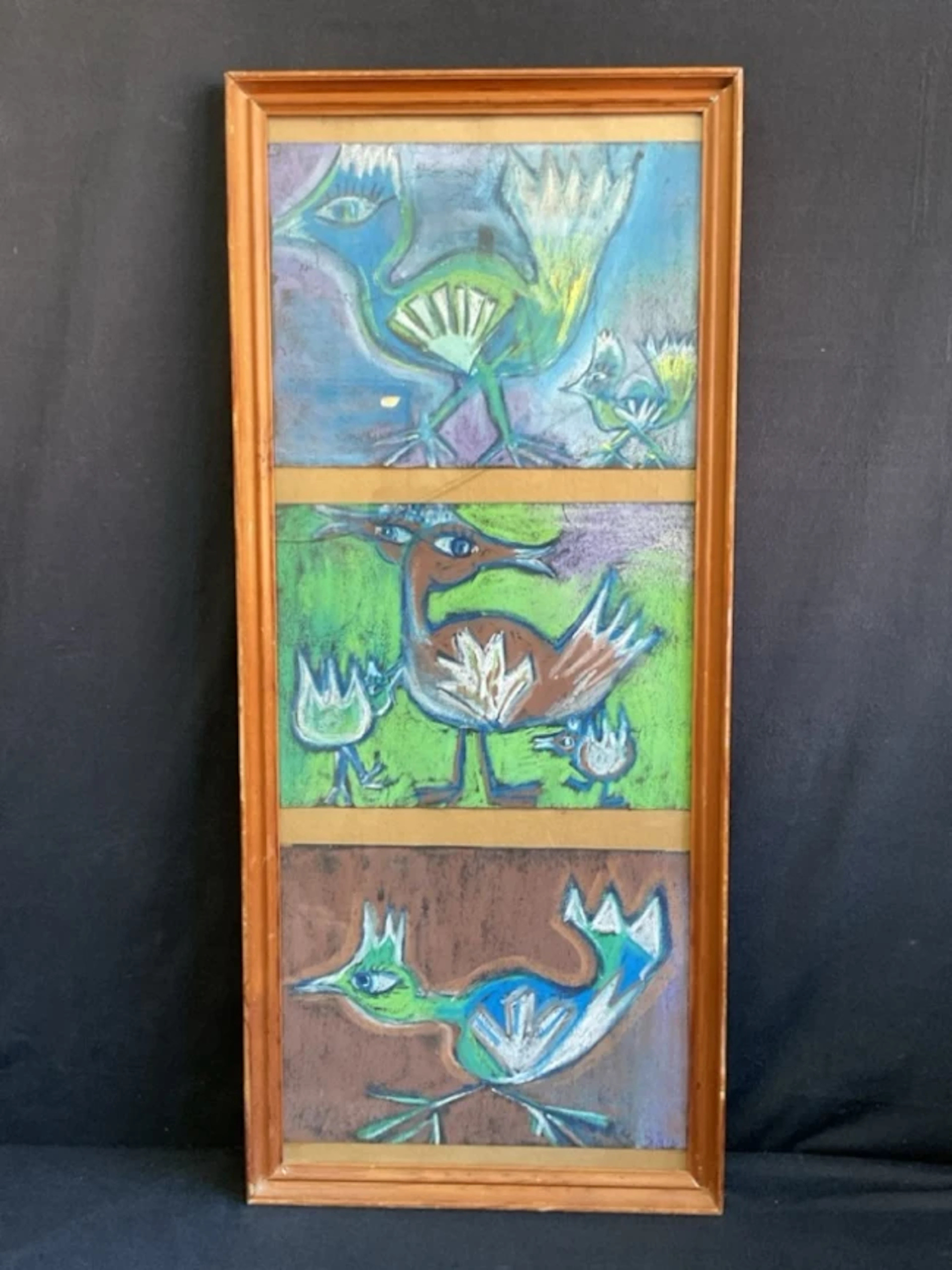 Pastel, three images of stylised birds with chicks, unsigned, framed